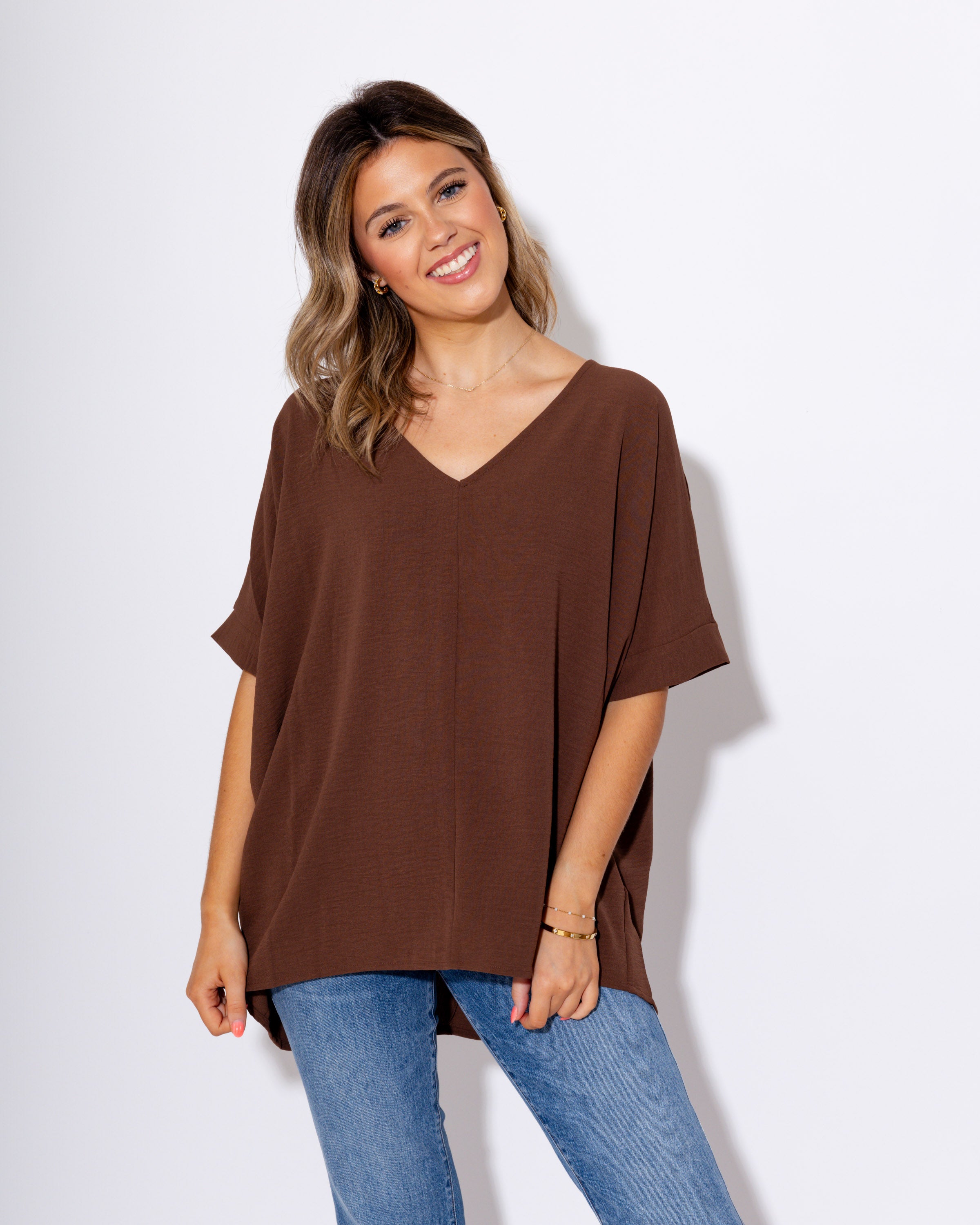 The Easy Breezy V-Neck Top in Brown
