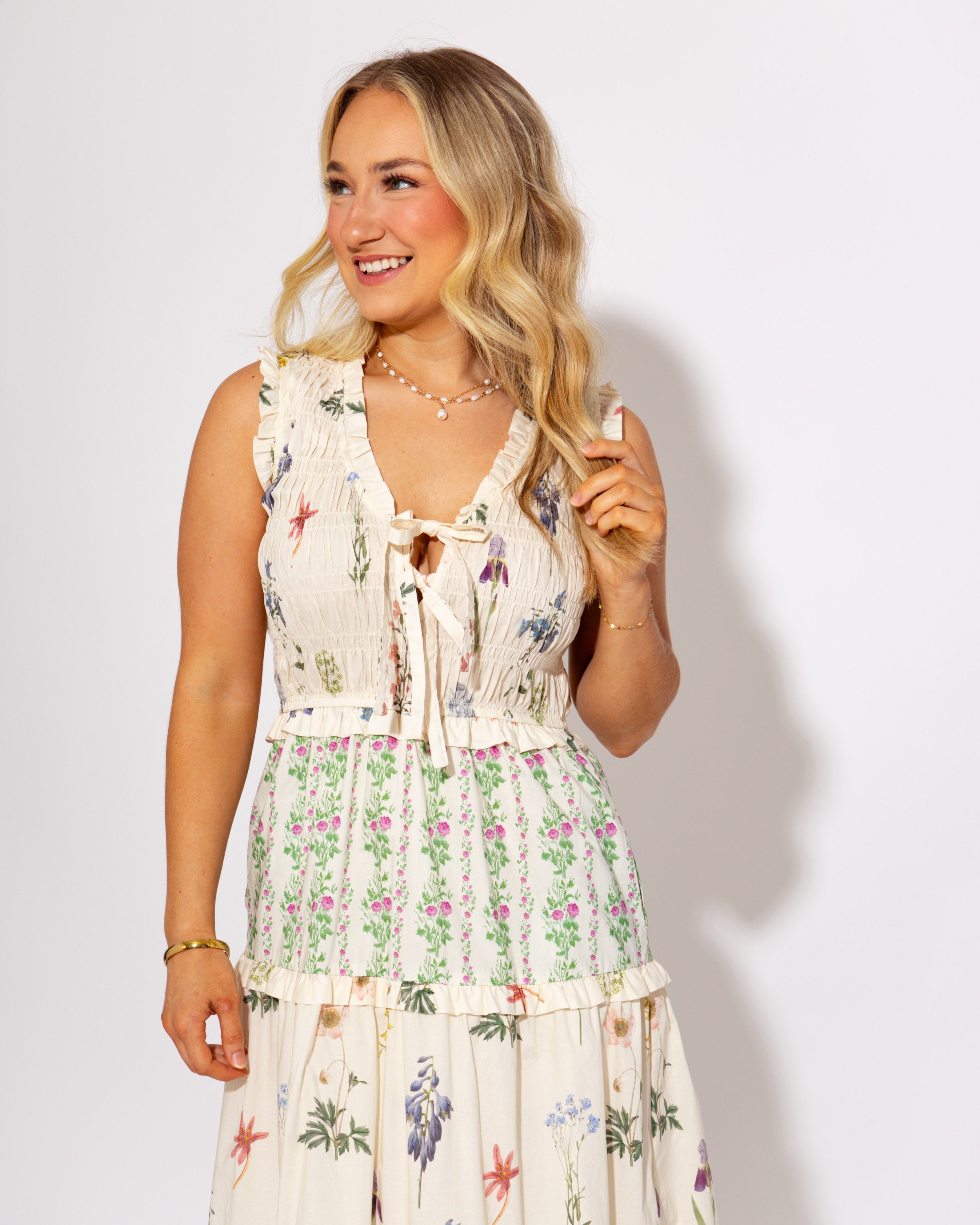 Patchwork Petals Tiered Midi Dress