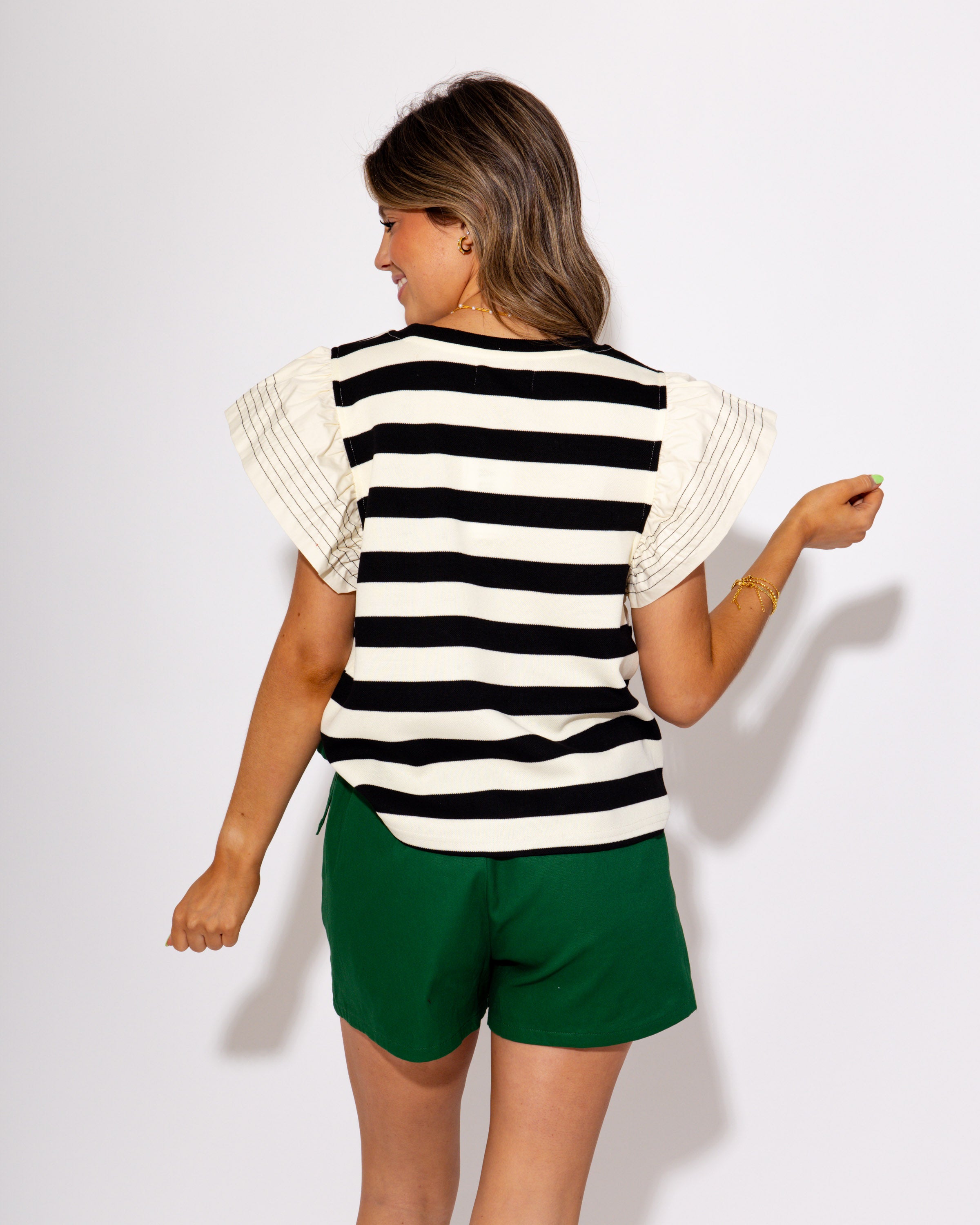 Stripe Pop Flutter Sleeve Top in Black