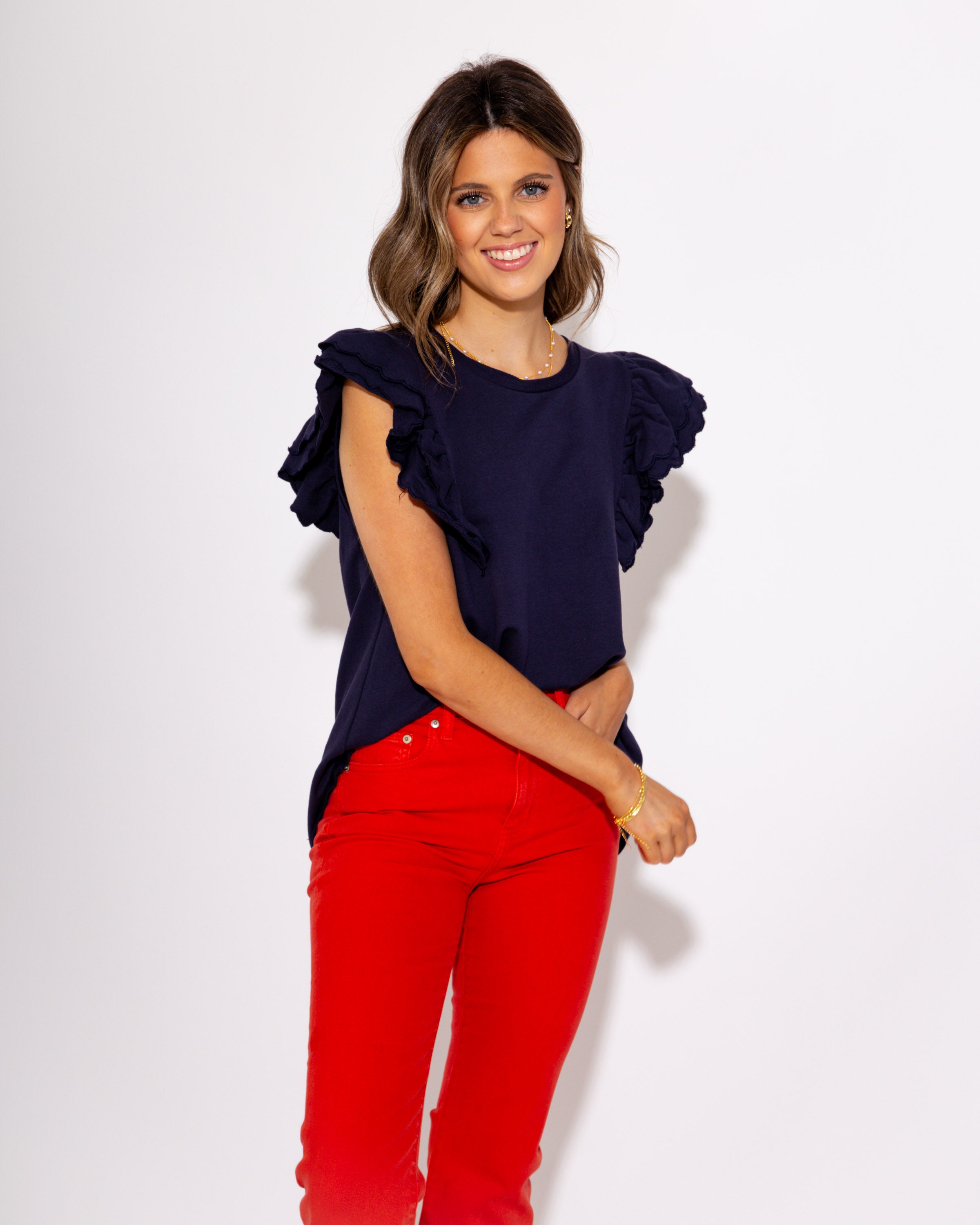 Sweet Ruffled Sleeves Top in Navy