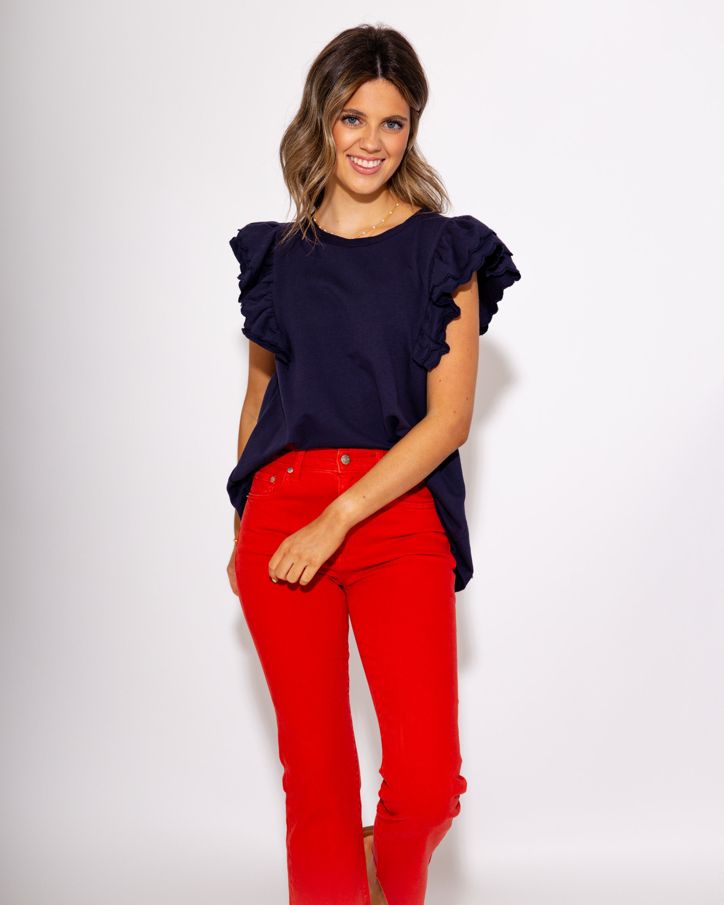Sweet Ruffled Sleeves Top in Navy