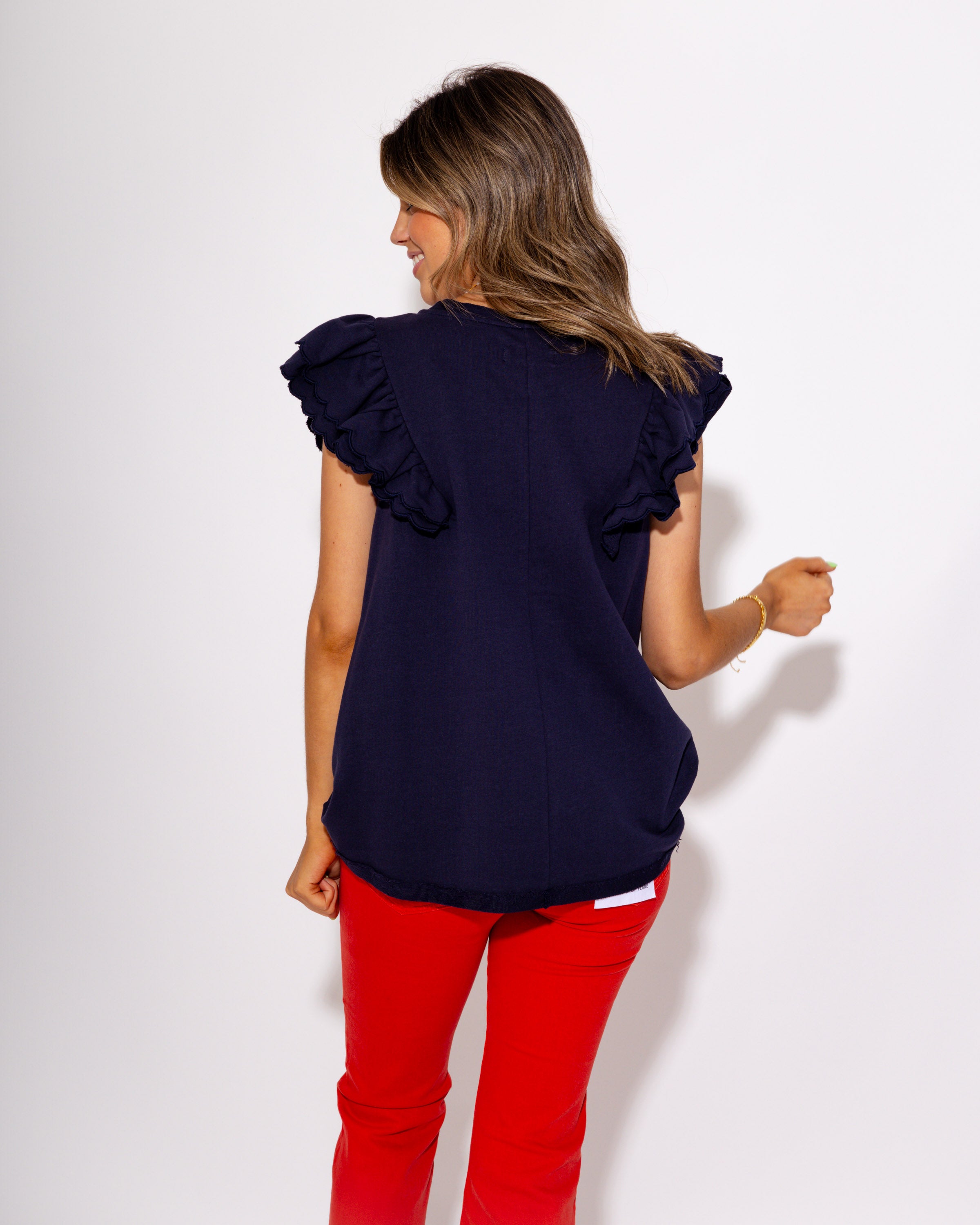 Sweet Ruffled Sleeves Top in Navy