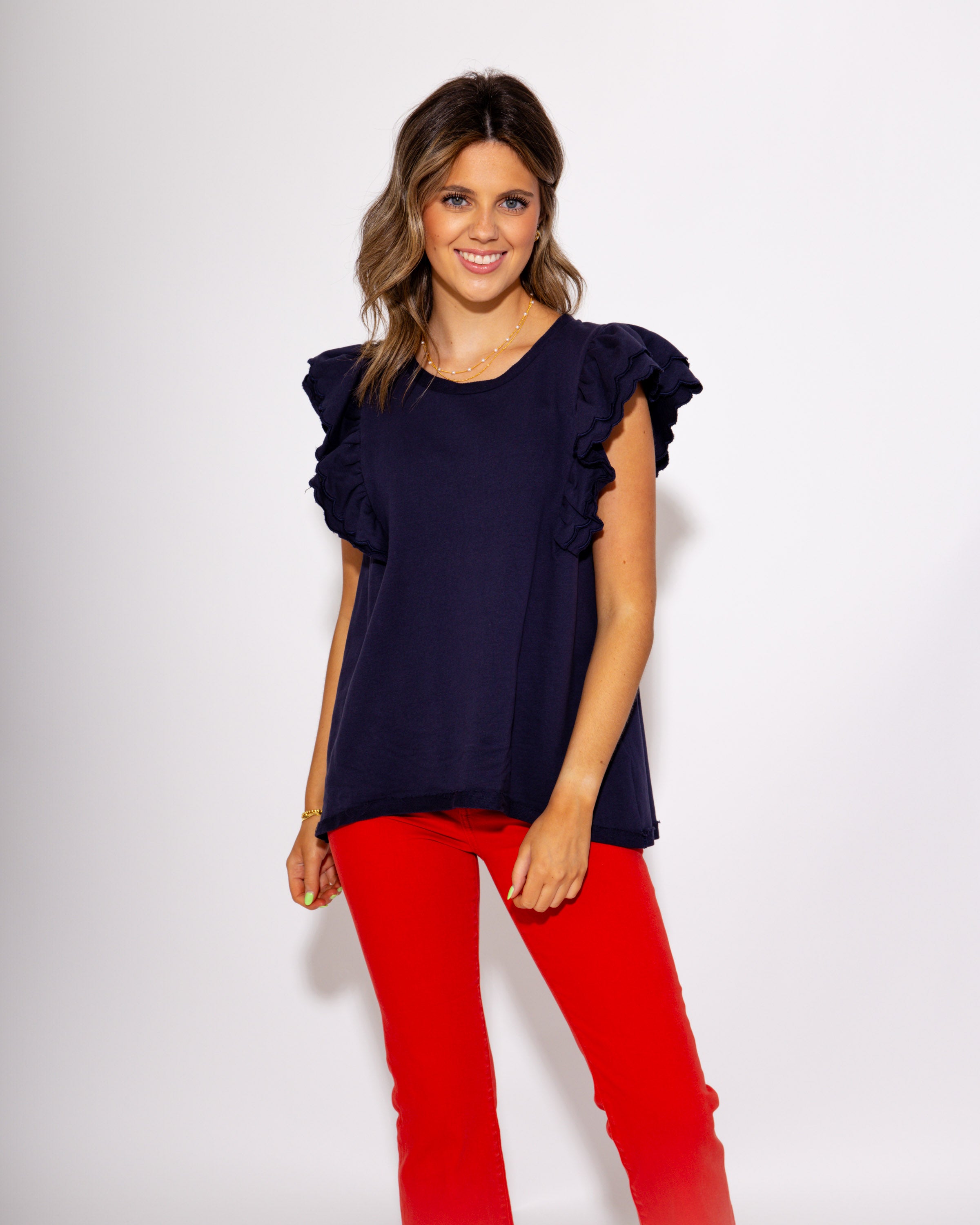 Sweet Ruffled Sleeves Top in Navy