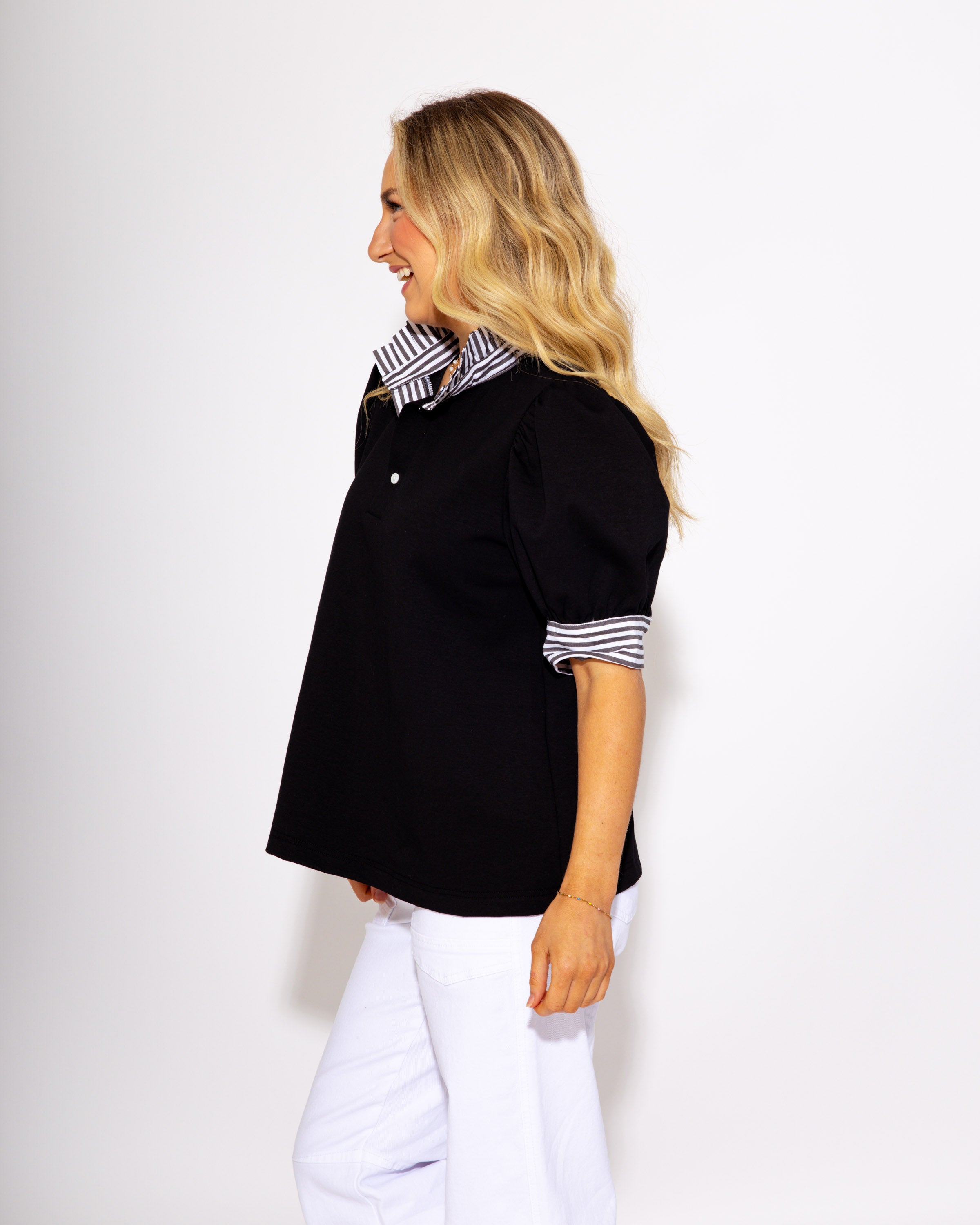 Sideline Sophistication Striped Collar & Cuffs Top in Black