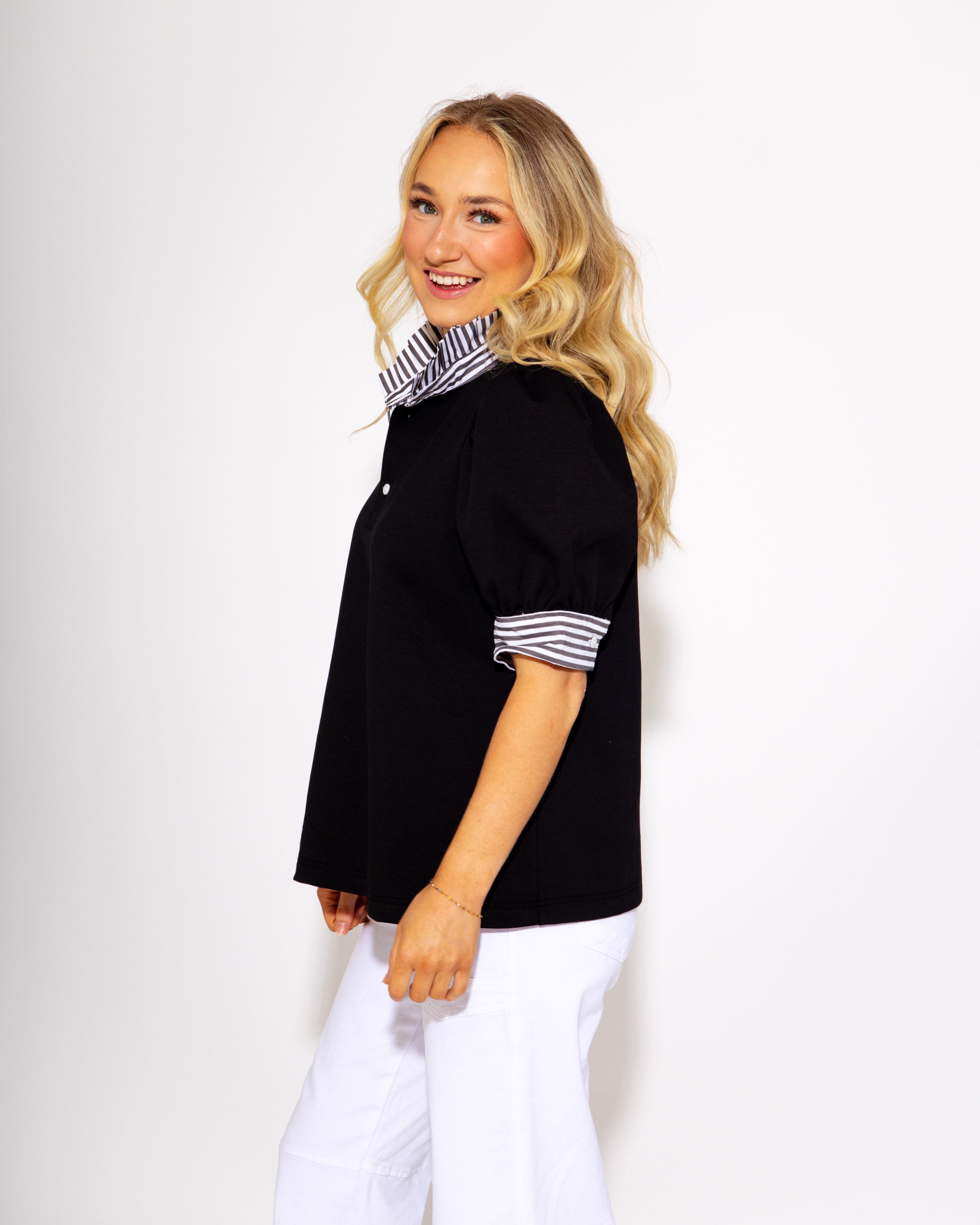 Sideline Sophistication Striped Collar & Cuffs Top in Black