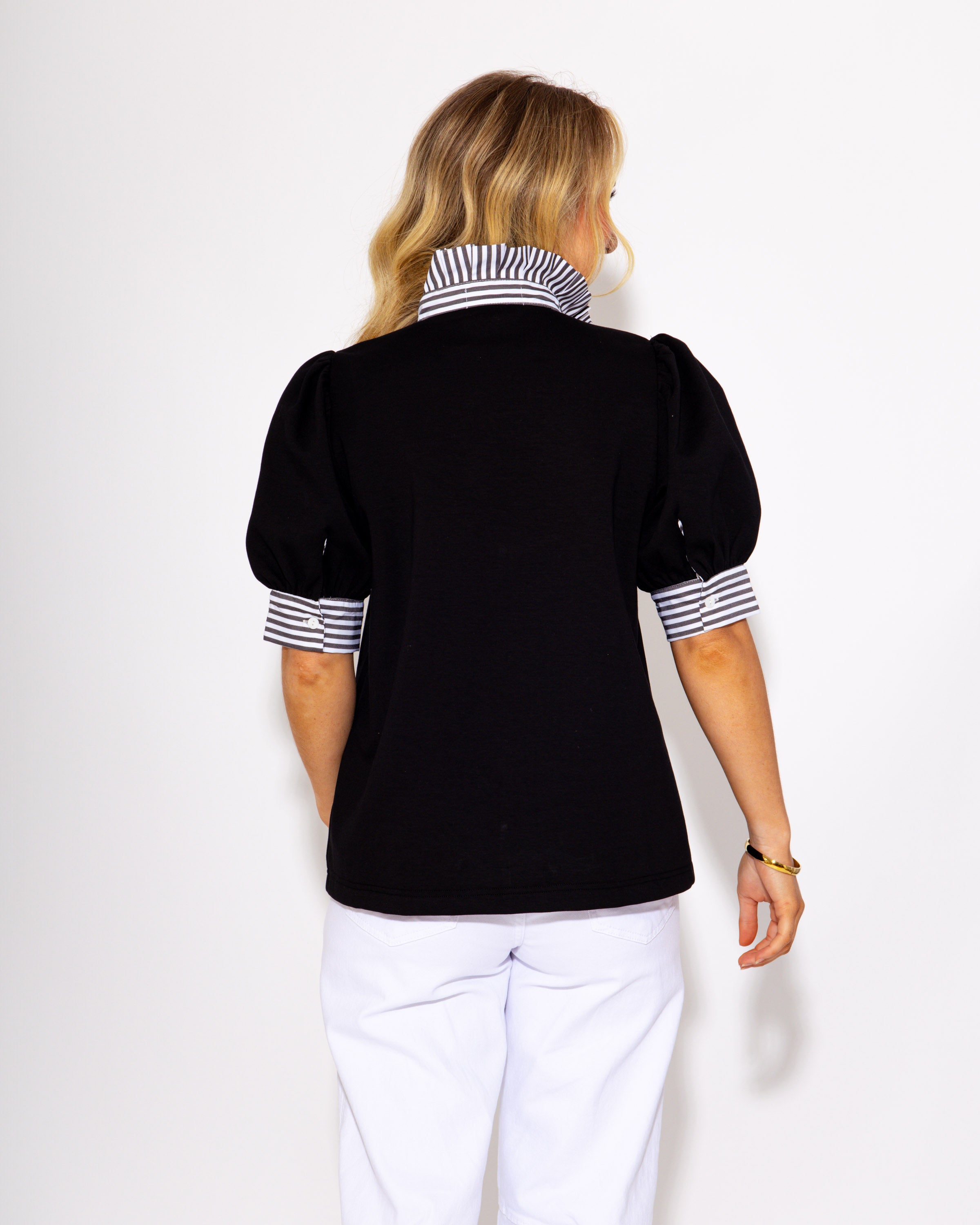 Sideline Sophistication Striped Collar & Cuffs Top in Black