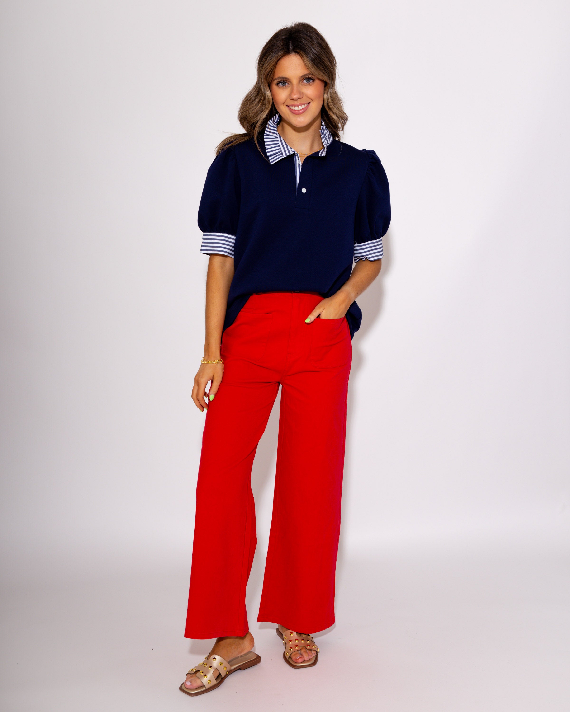 Sideline Sophistication Striped Collar and Cuffs Top in Navy