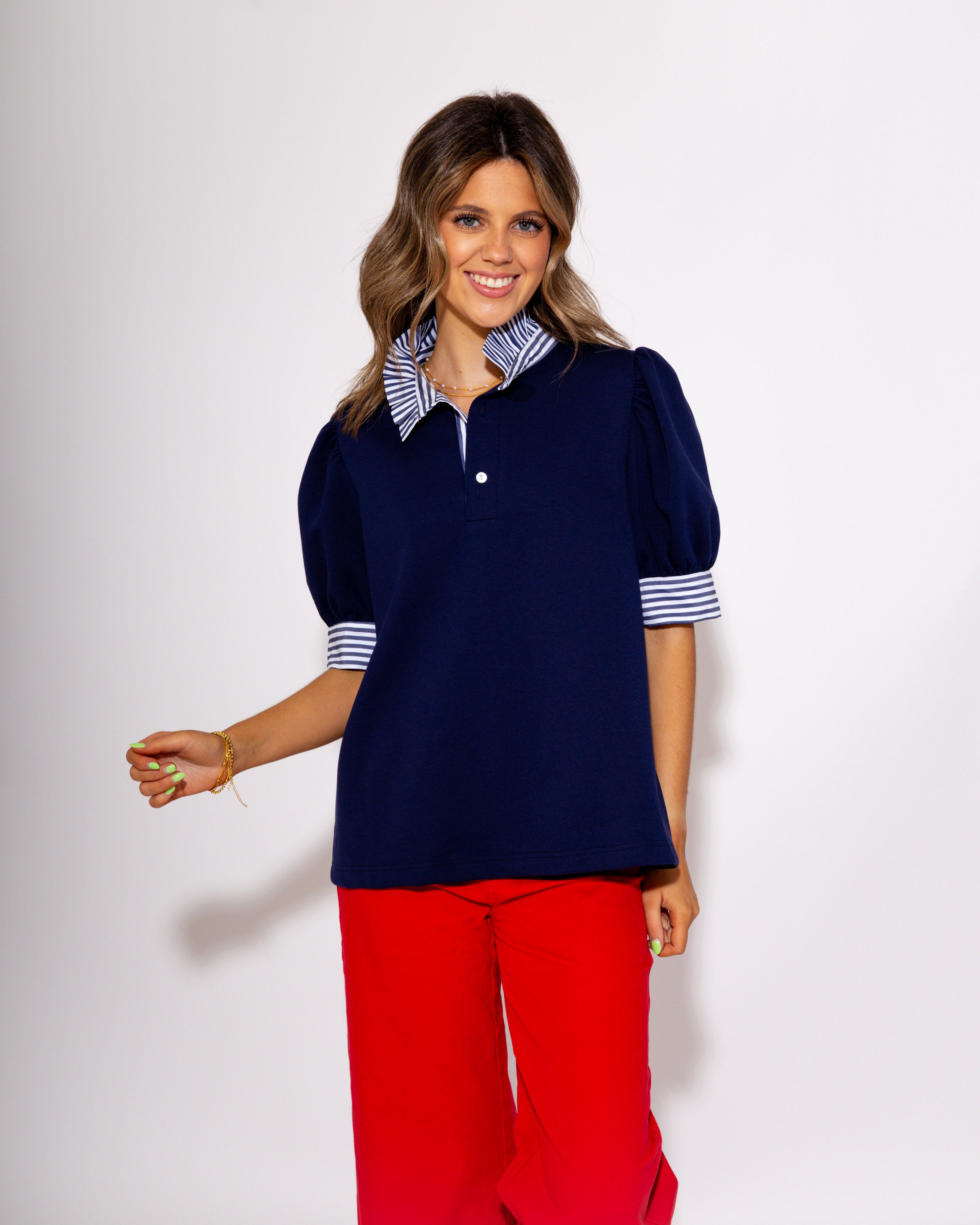 Sideline Sophistication Striped Collar and Cuffs Top in Navy