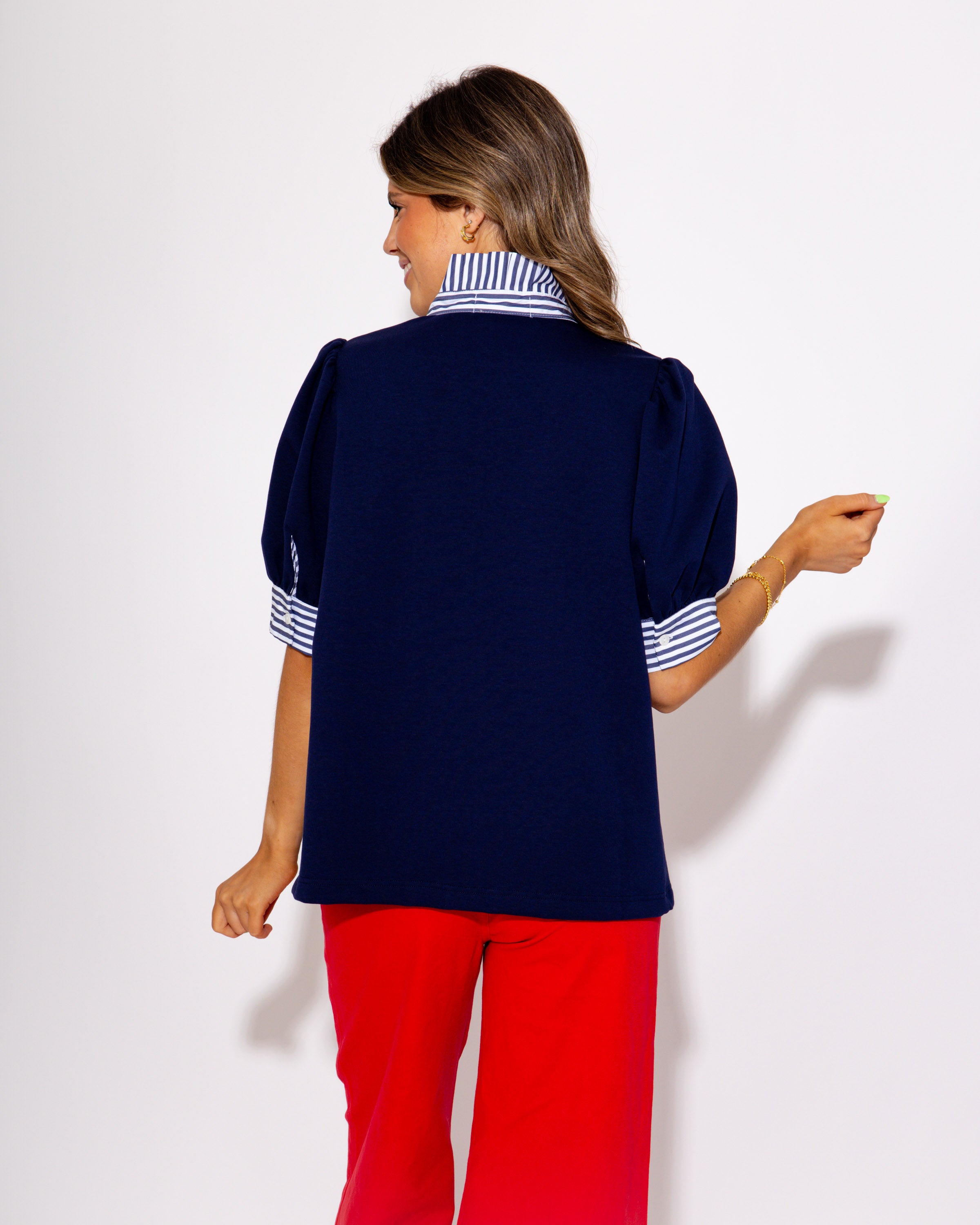 Sideline Sophistication Striped Collar and Cuffs Top in Navy