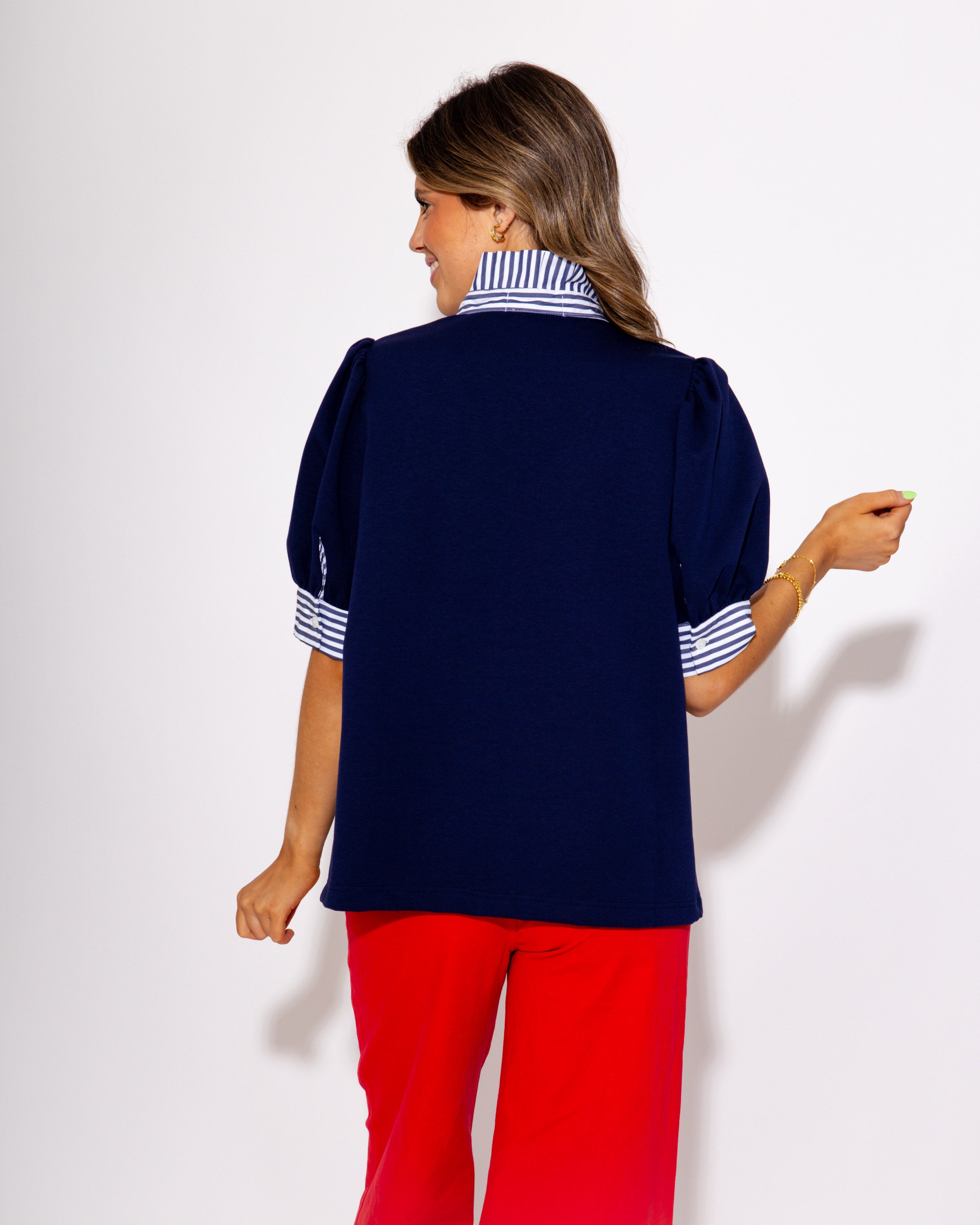 Sideline Sophistication Striped Collar and Cuffs Top in Navy