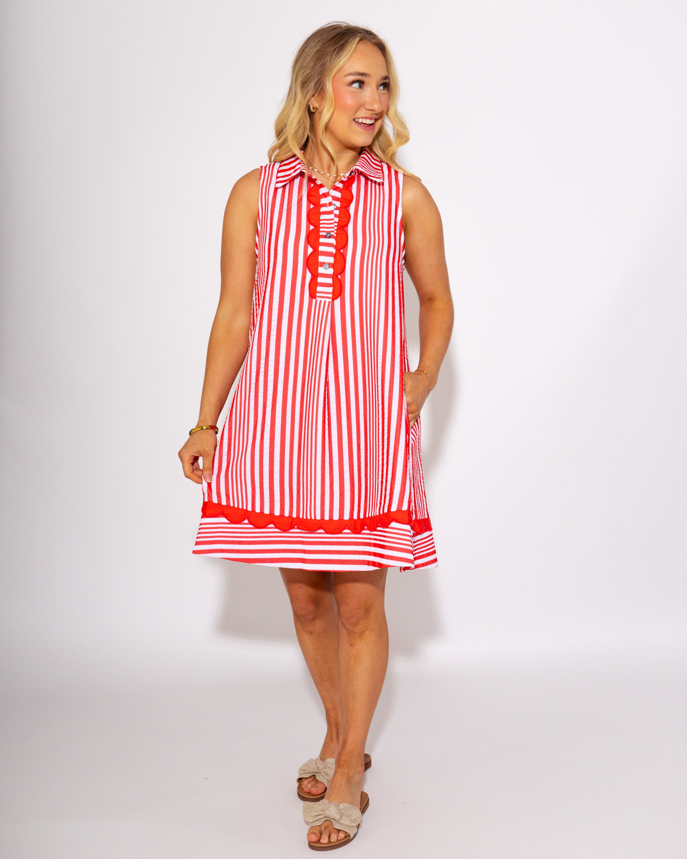 Gridiron Glam Sleeveless Stripe Dress in Orange Red