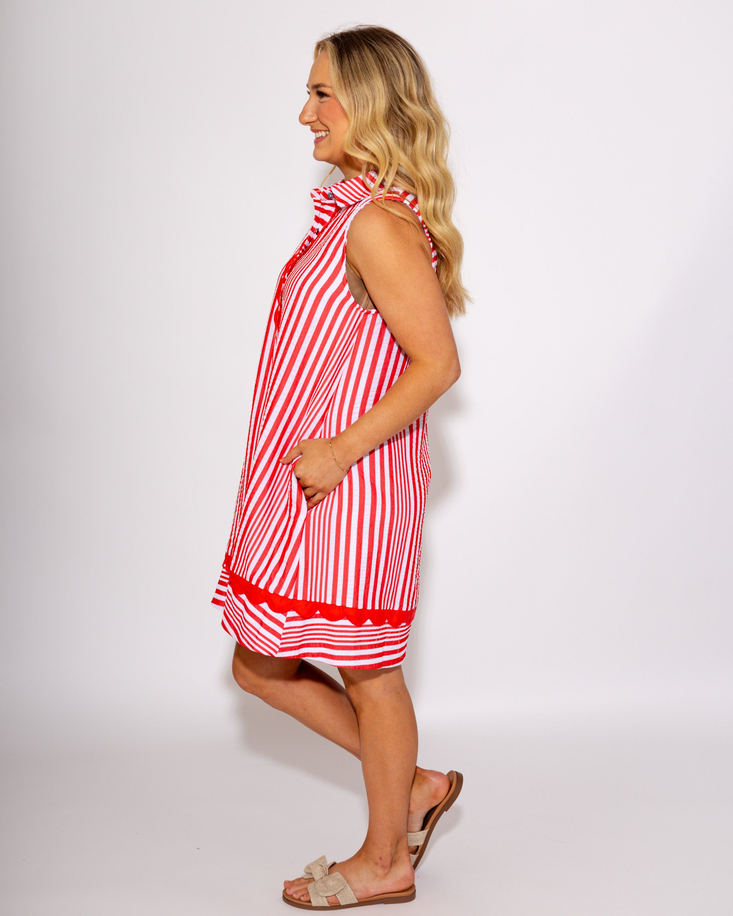 Gridiron Glam Sleeveless Stripe Dress in Orange Red