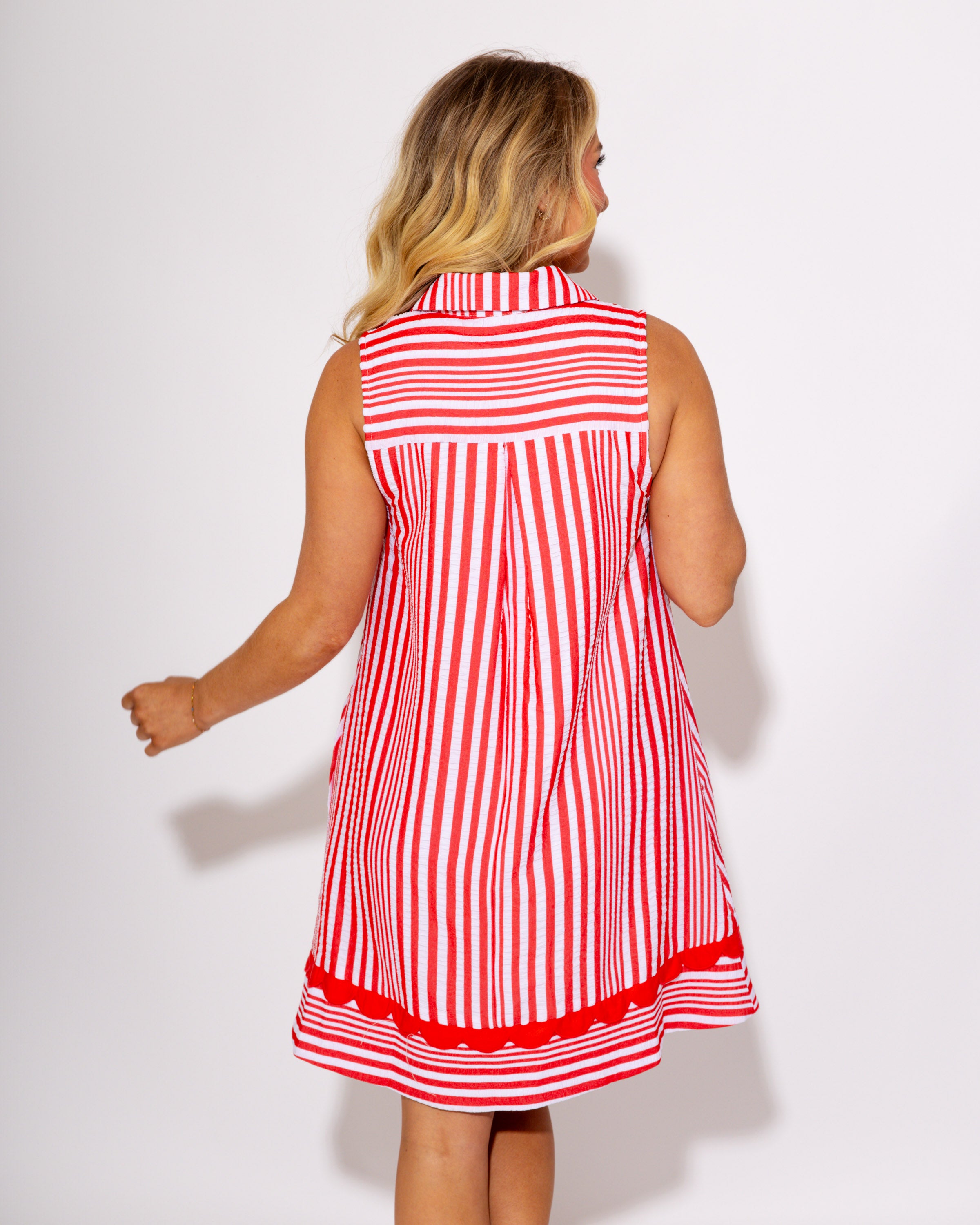 Gridiron Glam Sleeveless Stripe Dress in Orange Red
