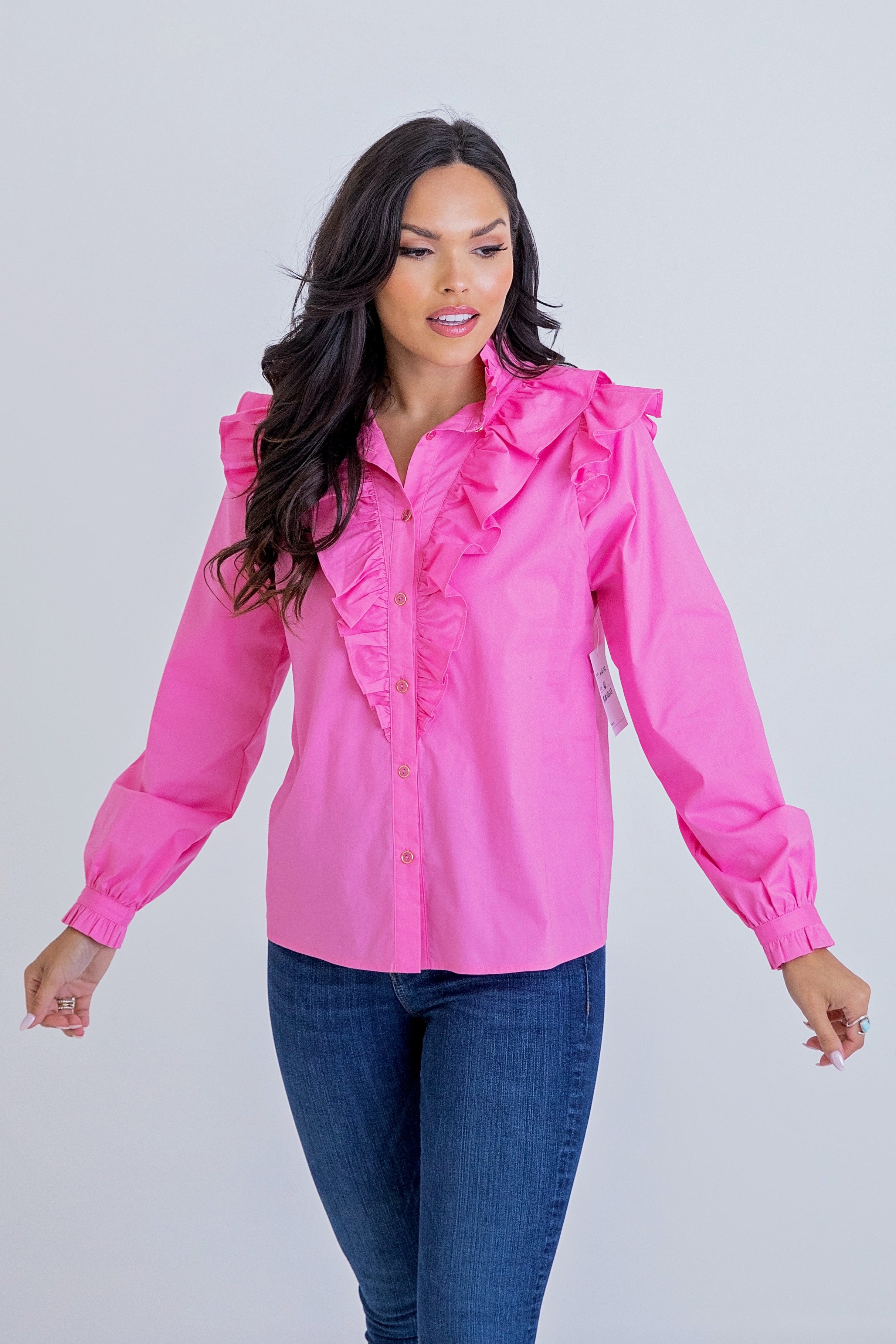 Solid Poplin Ruffle Button Down Top in Pinko