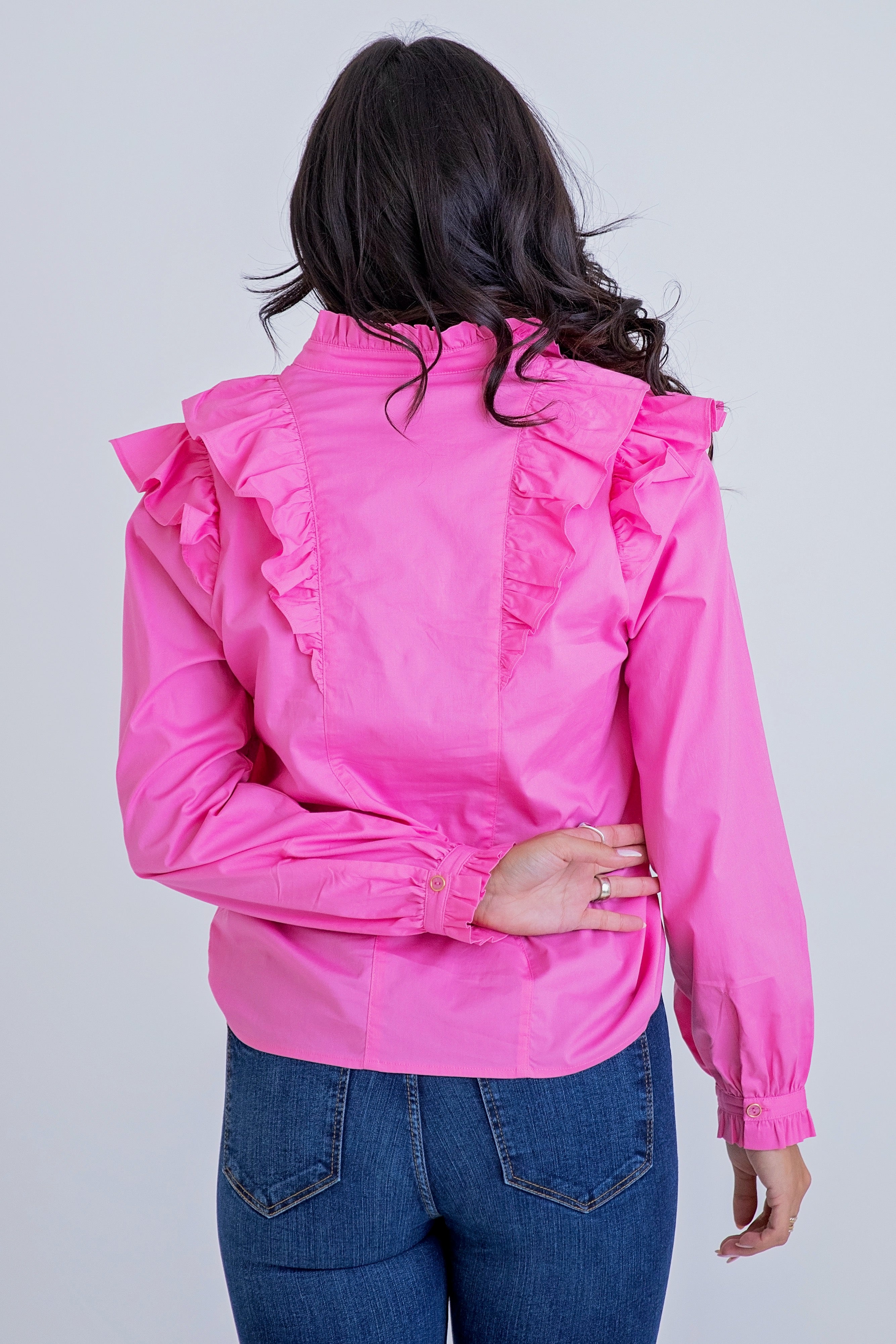 Solid Poplin Ruffle Button Down Top in Pinko