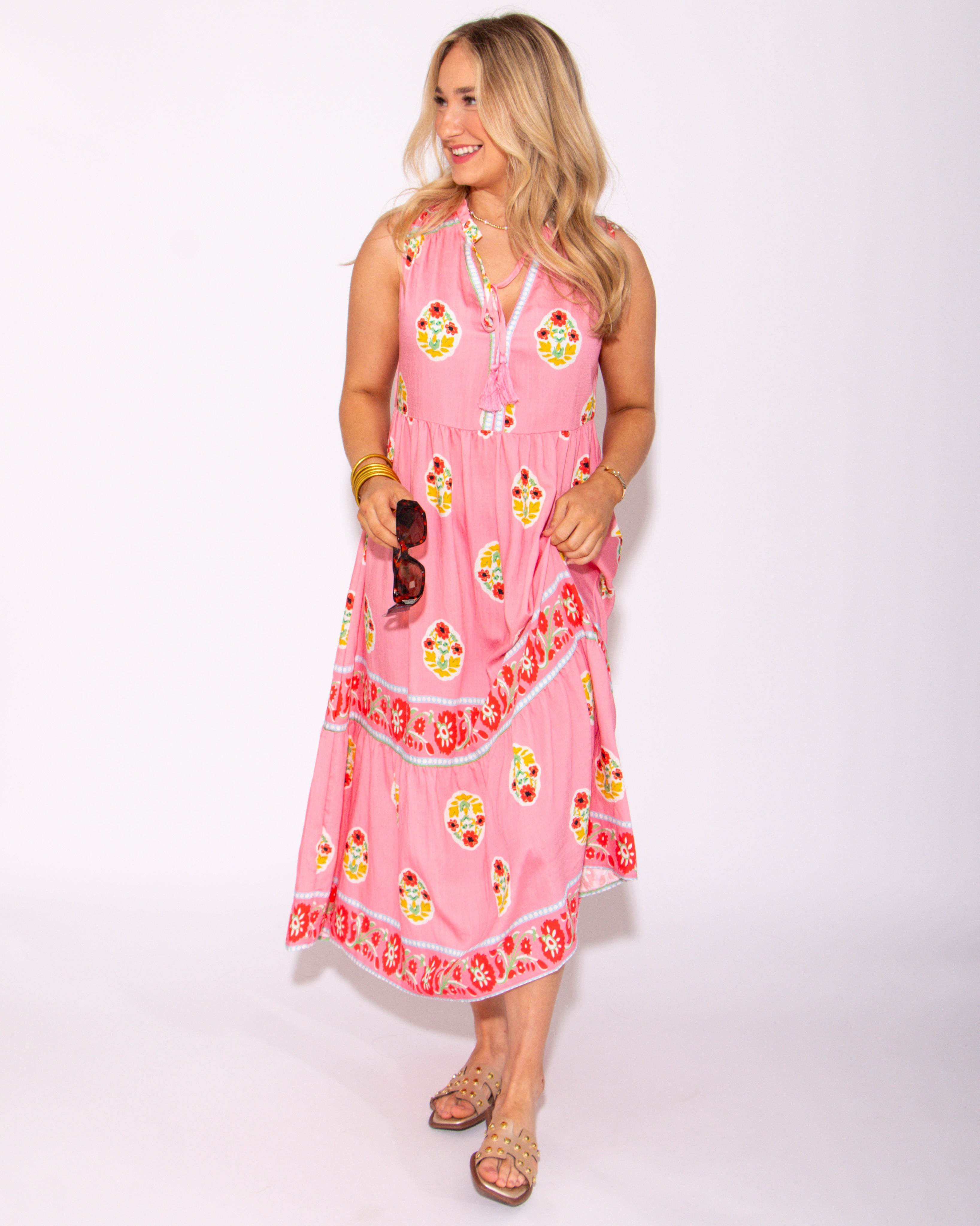 Floral Print Border Midi Dress with Front Tie