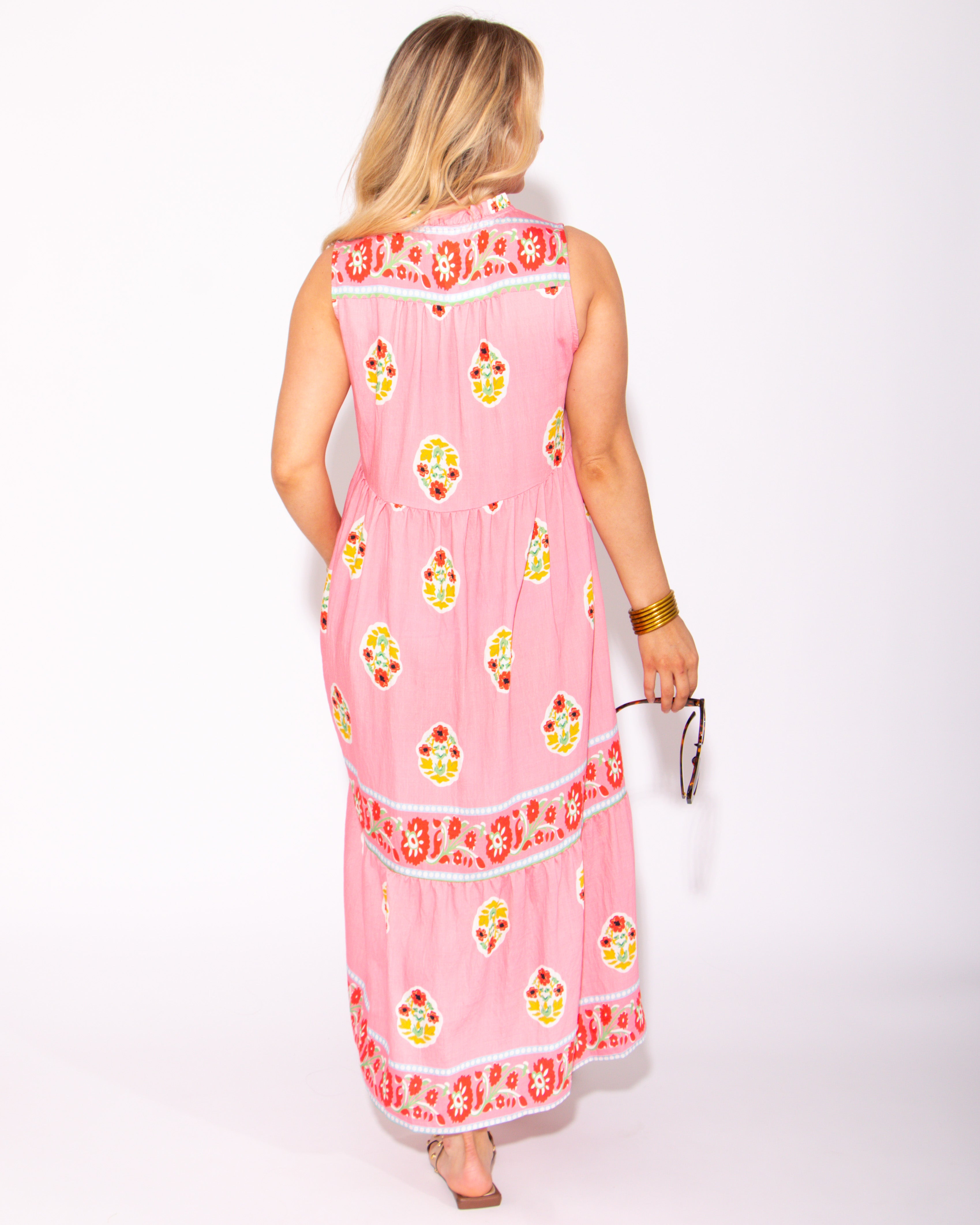 Floral Print Border Midi Dress with Front Tie
