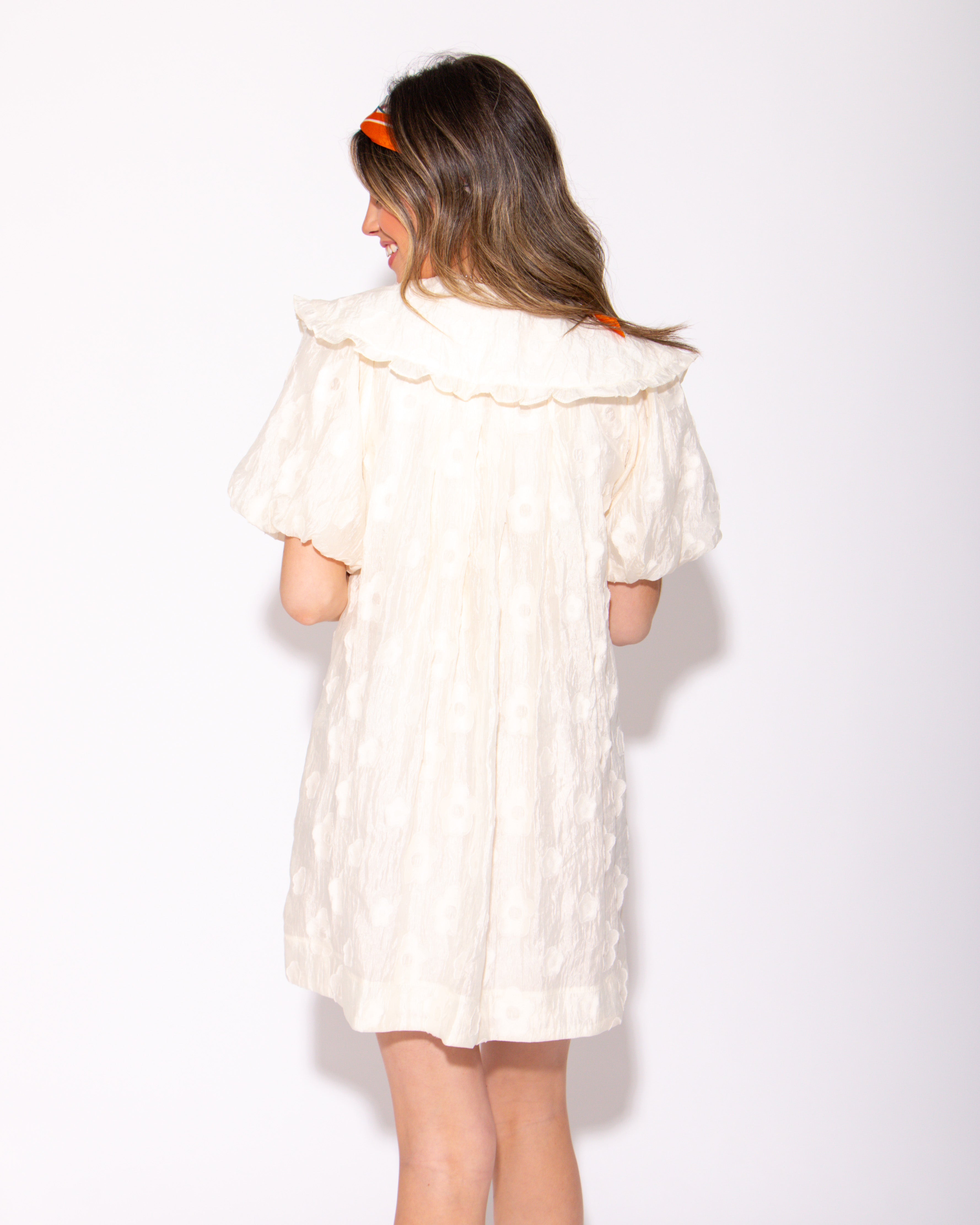 Ivory Charm Jacquard Doll Collar Mini Dress