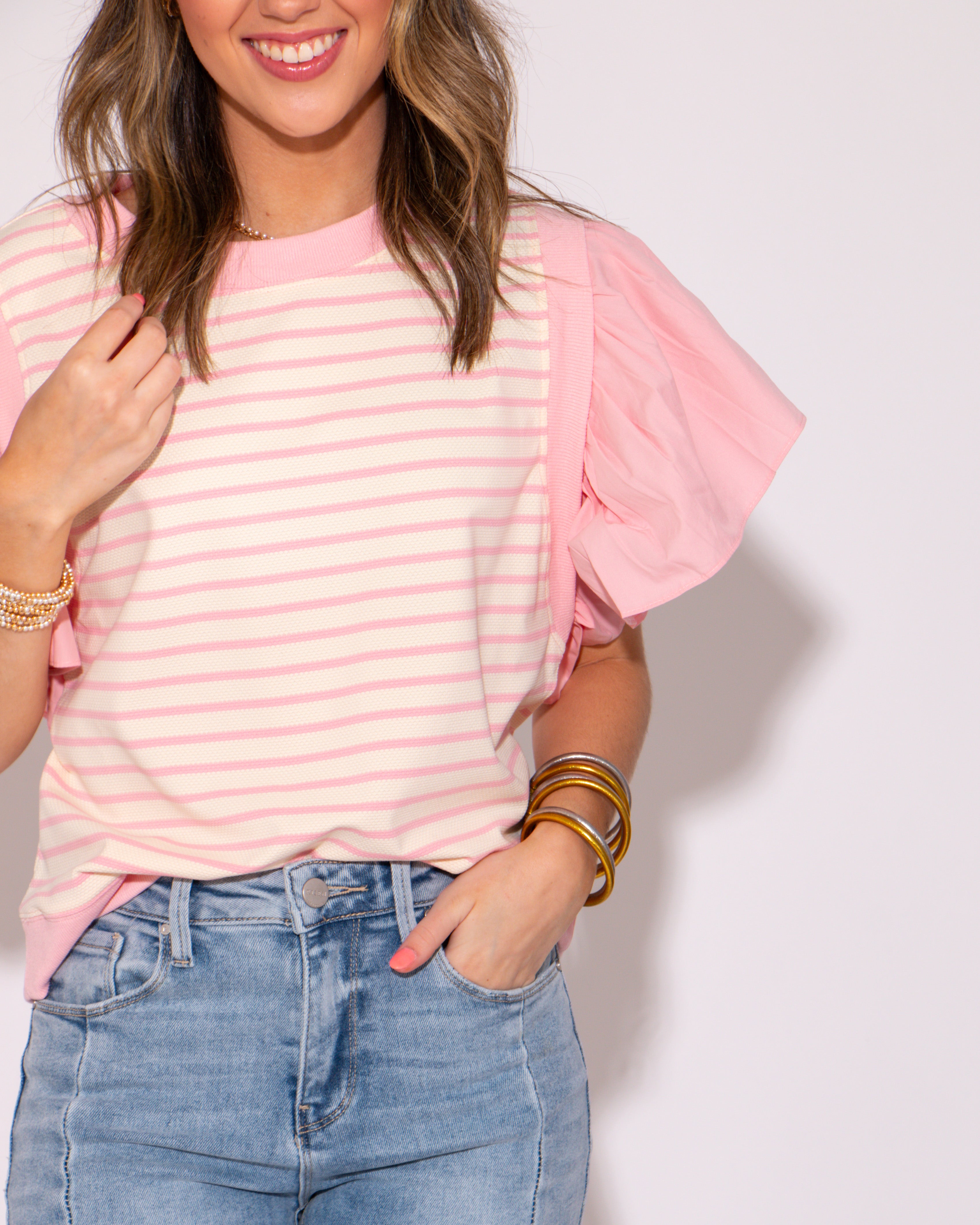 Pink Striped Ruffly Shoulder Top
