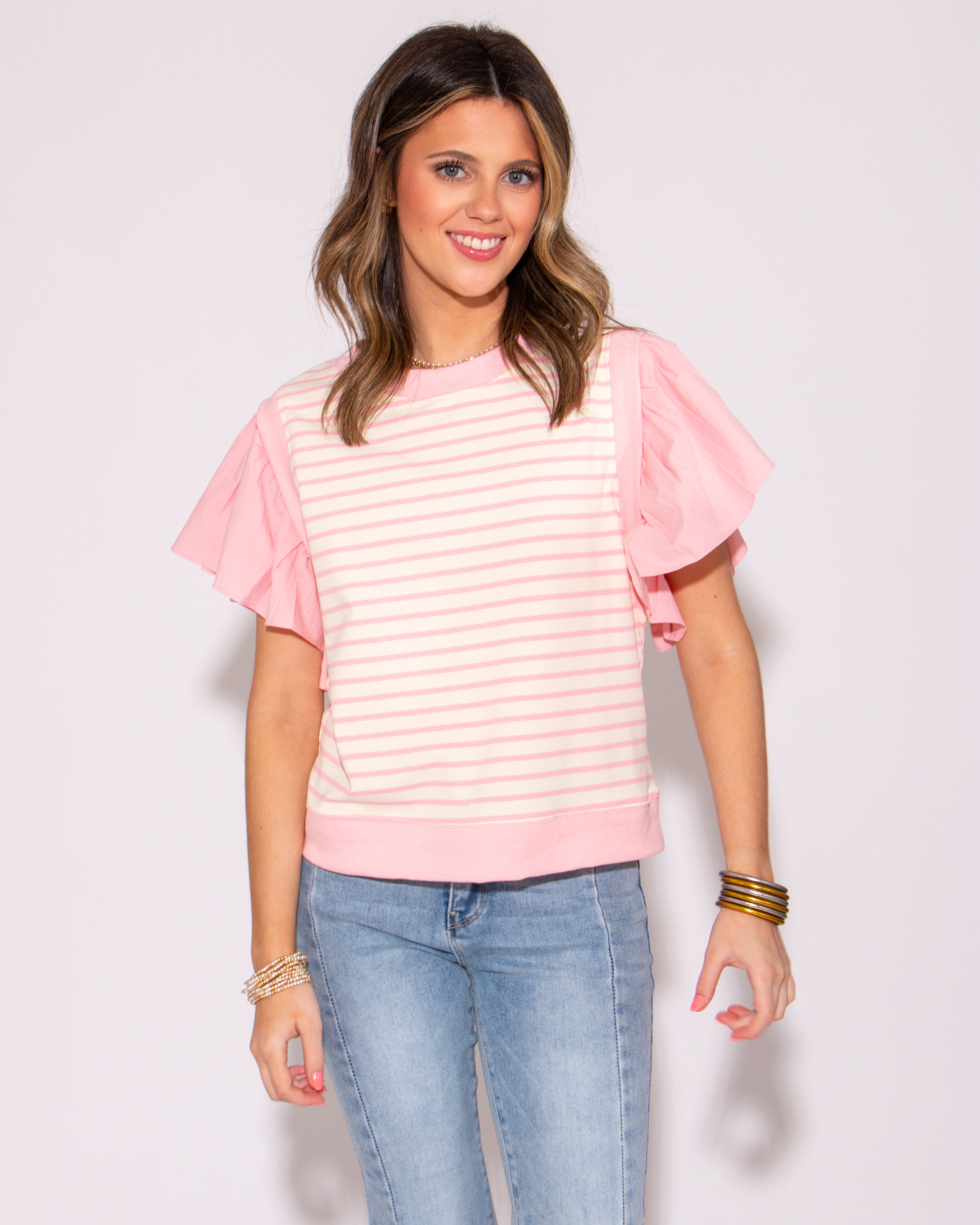 Pink Striped Ruffly Shoulder Top