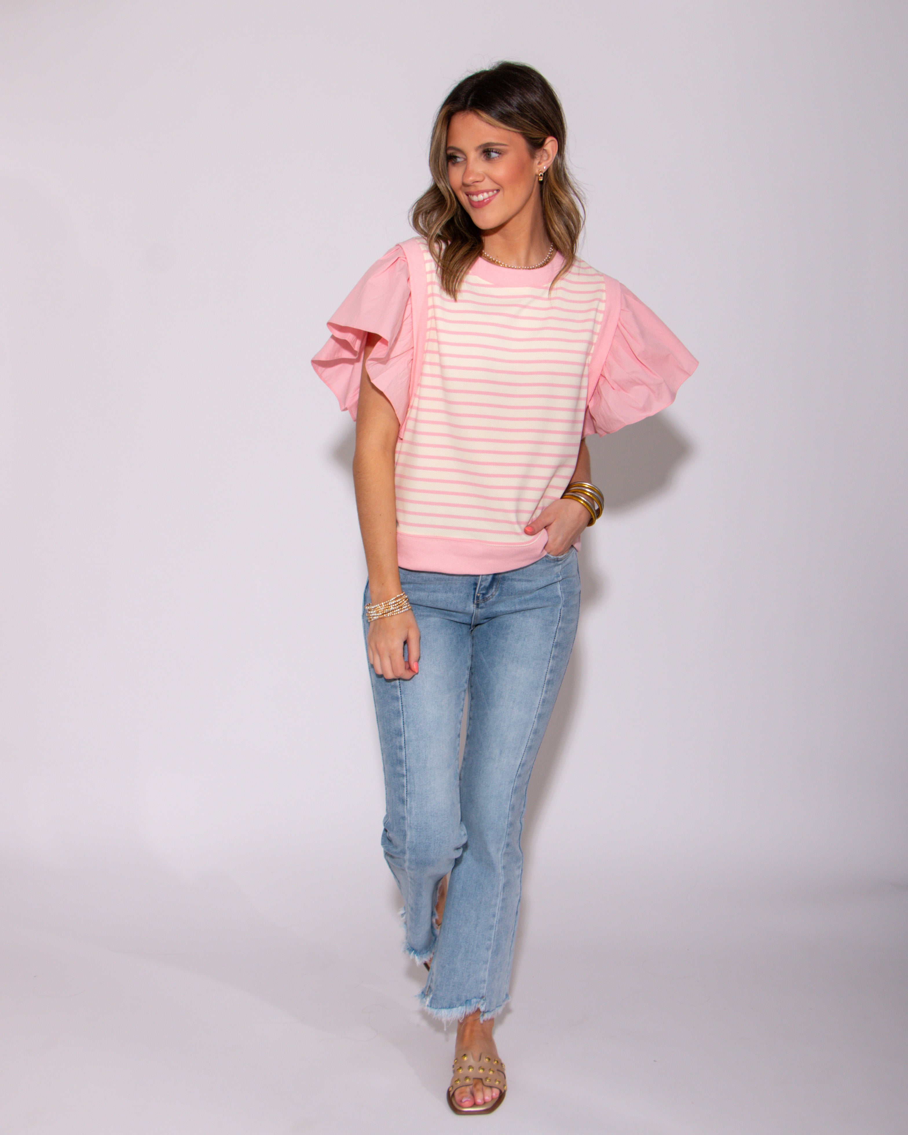 Pink Striped Ruffly Shoulder Top