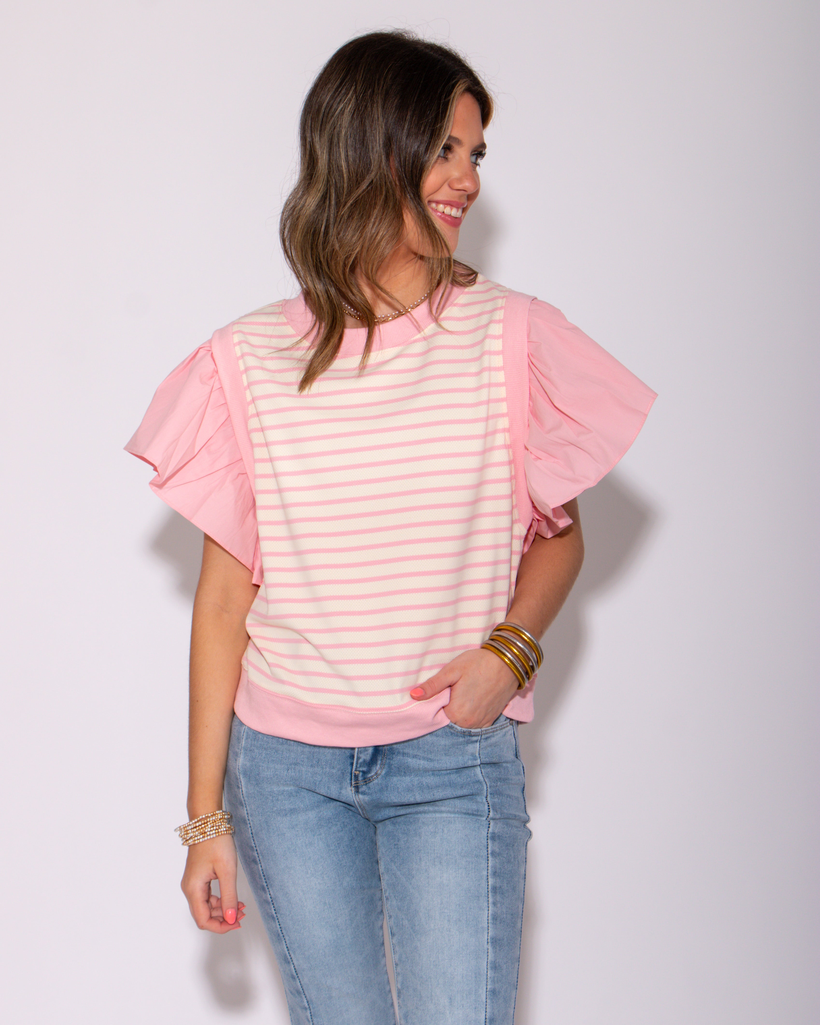 Pink Striped Ruffly Shoulder Top