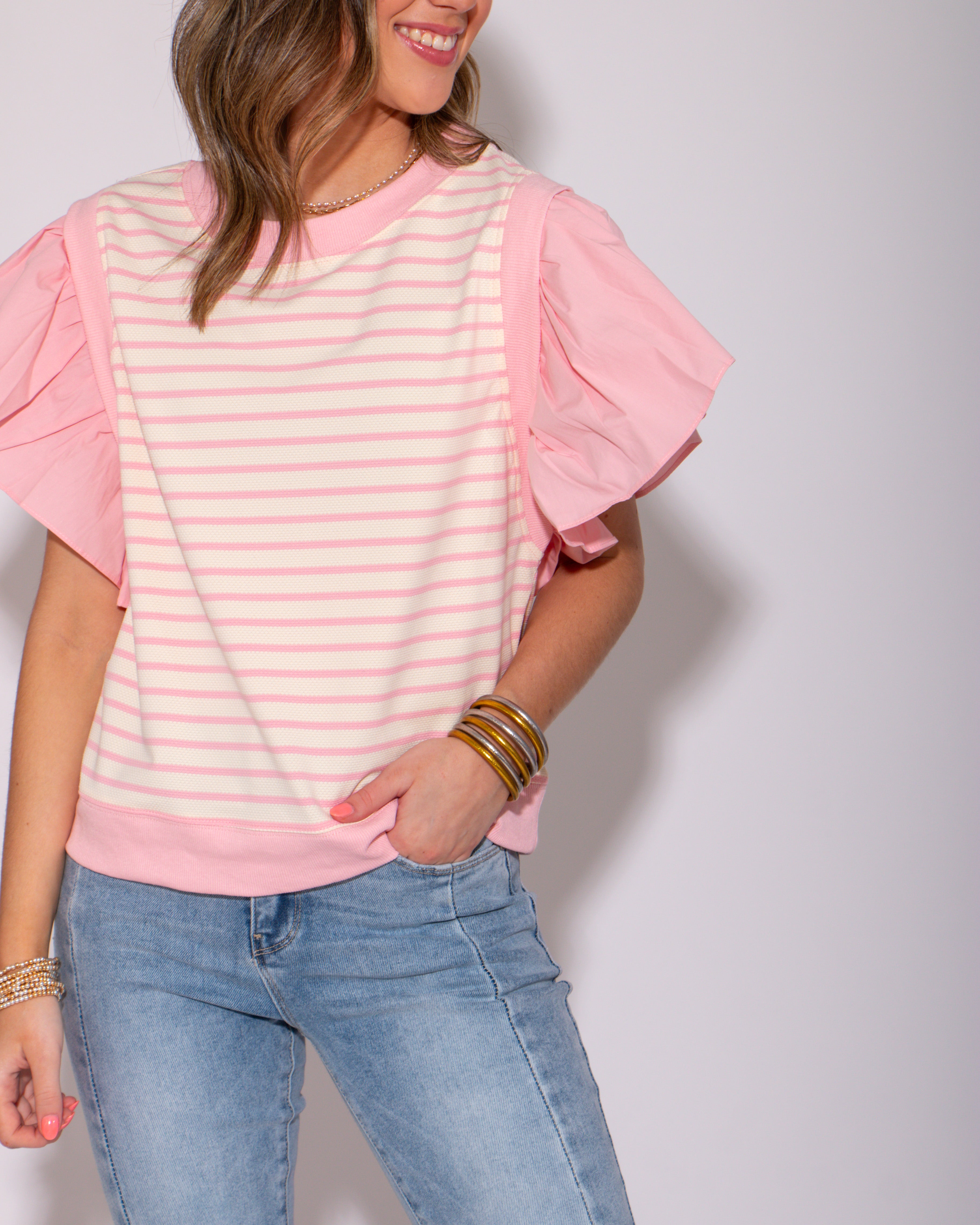 Pink Striped Ruffly Shoulder Top