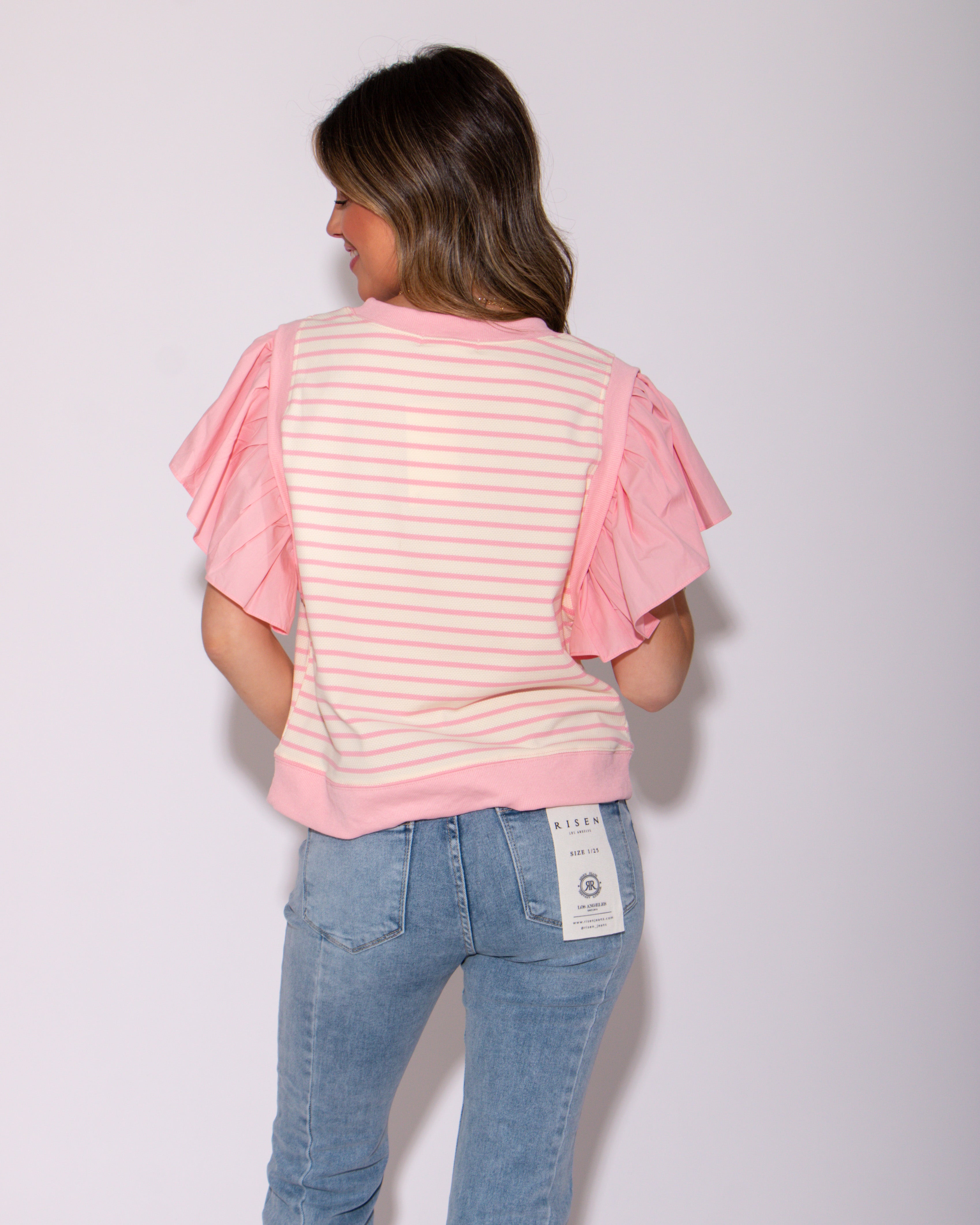 Pink Striped Ruffly Shoulder Top
