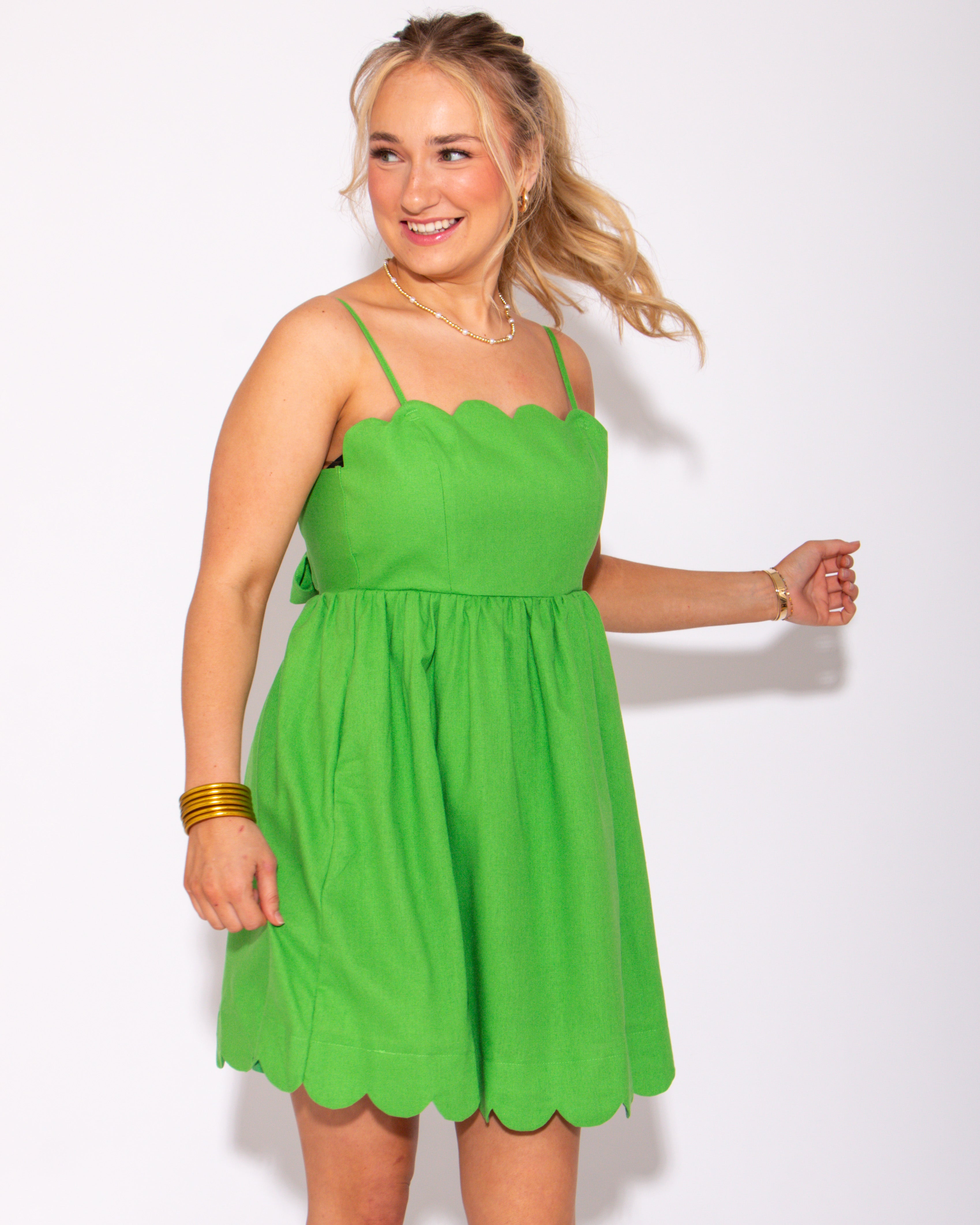 Green Grace Scallop and Bow Tie Back Mini Dress