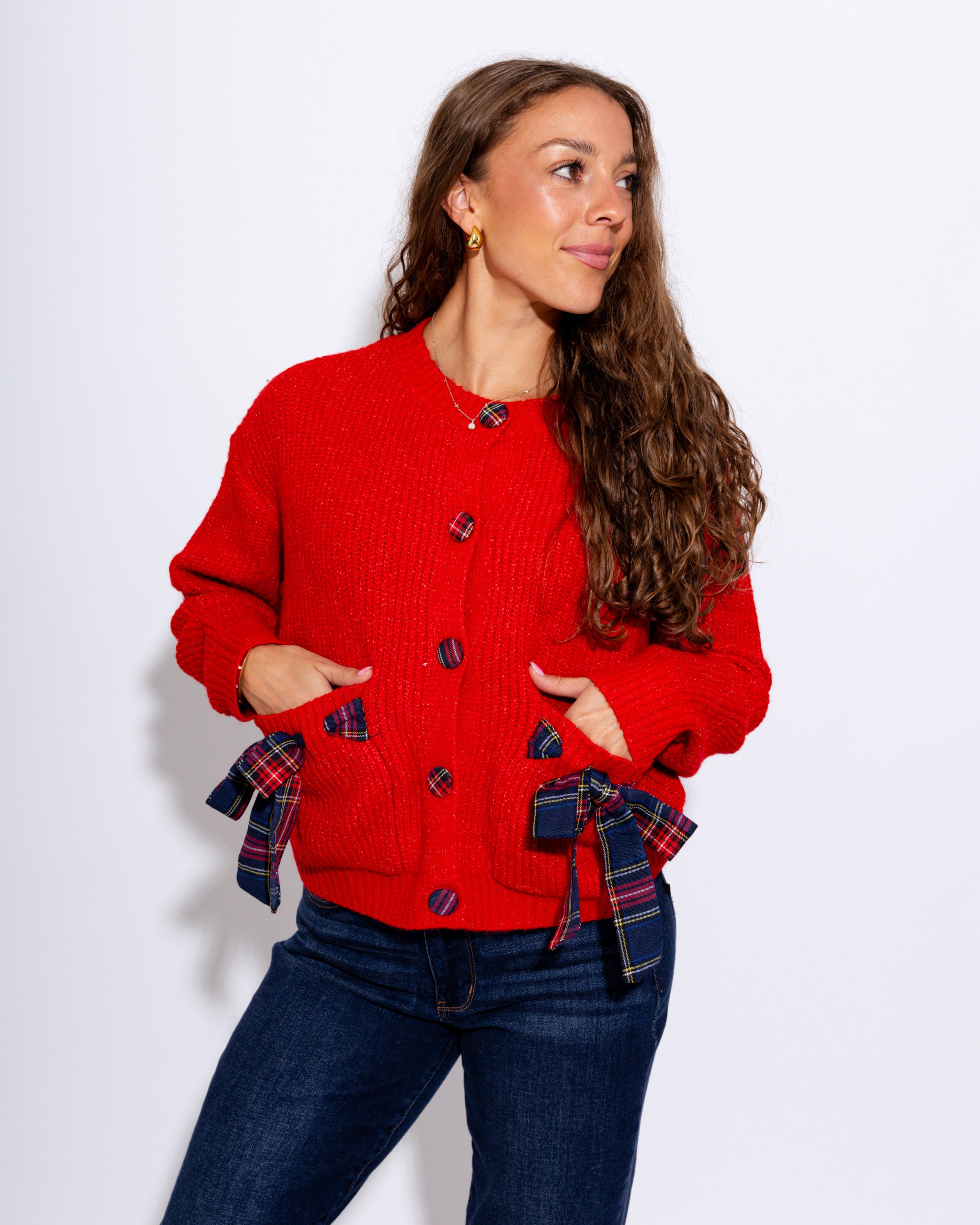 Red Plaid Bow Cardigan Top