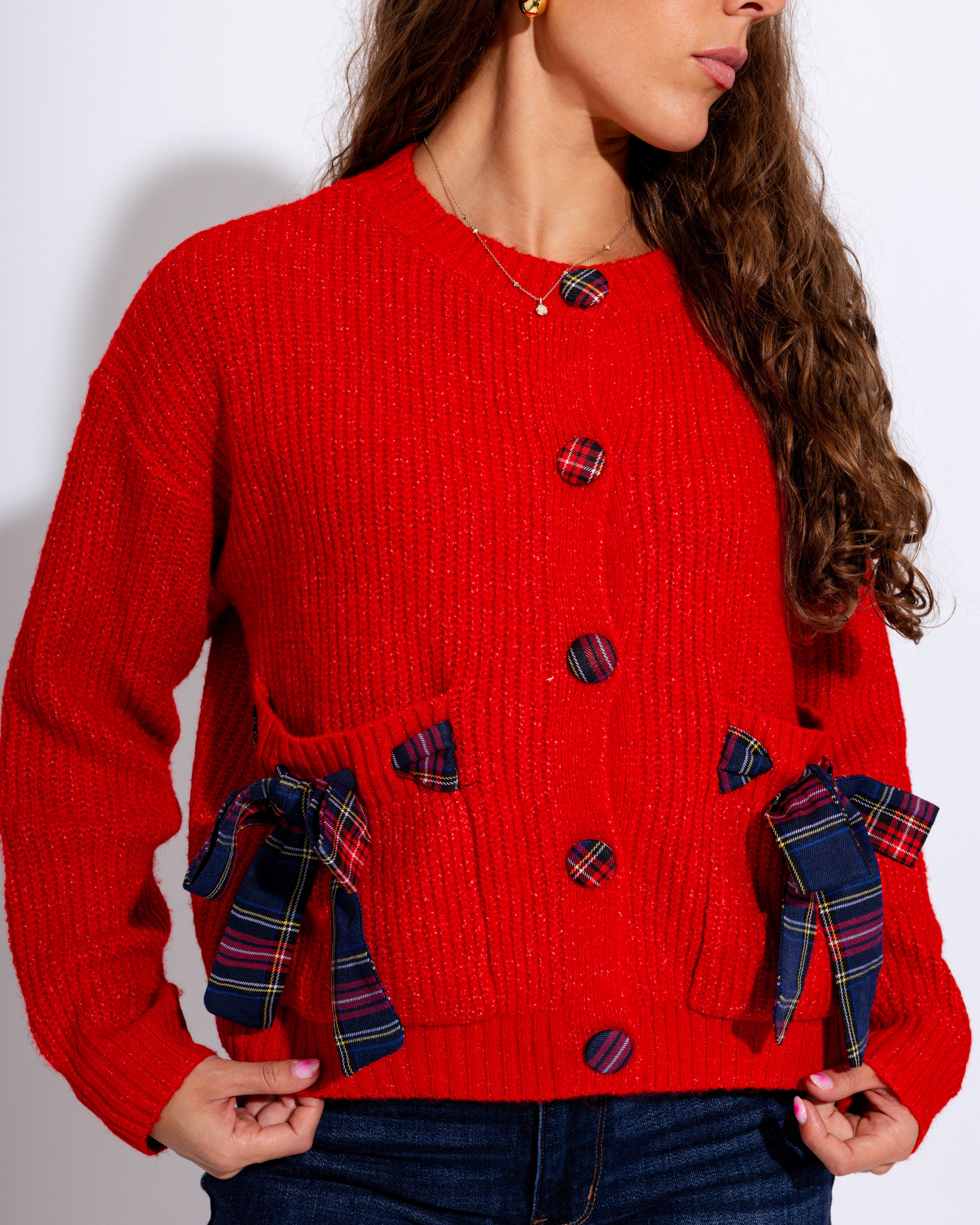 Red Plaid Bow Cardigan Top