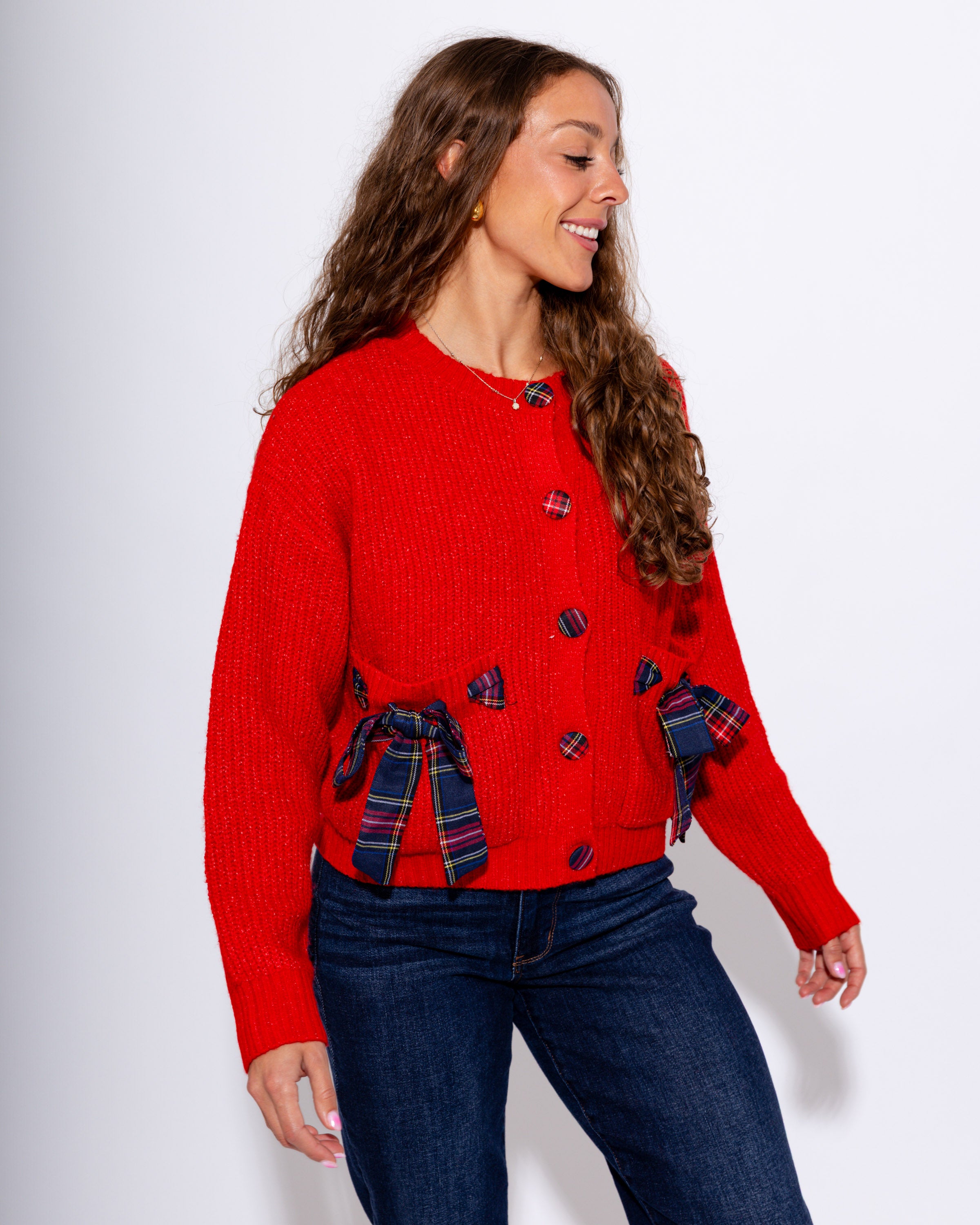 Red Plaid Bow Cardigan Top