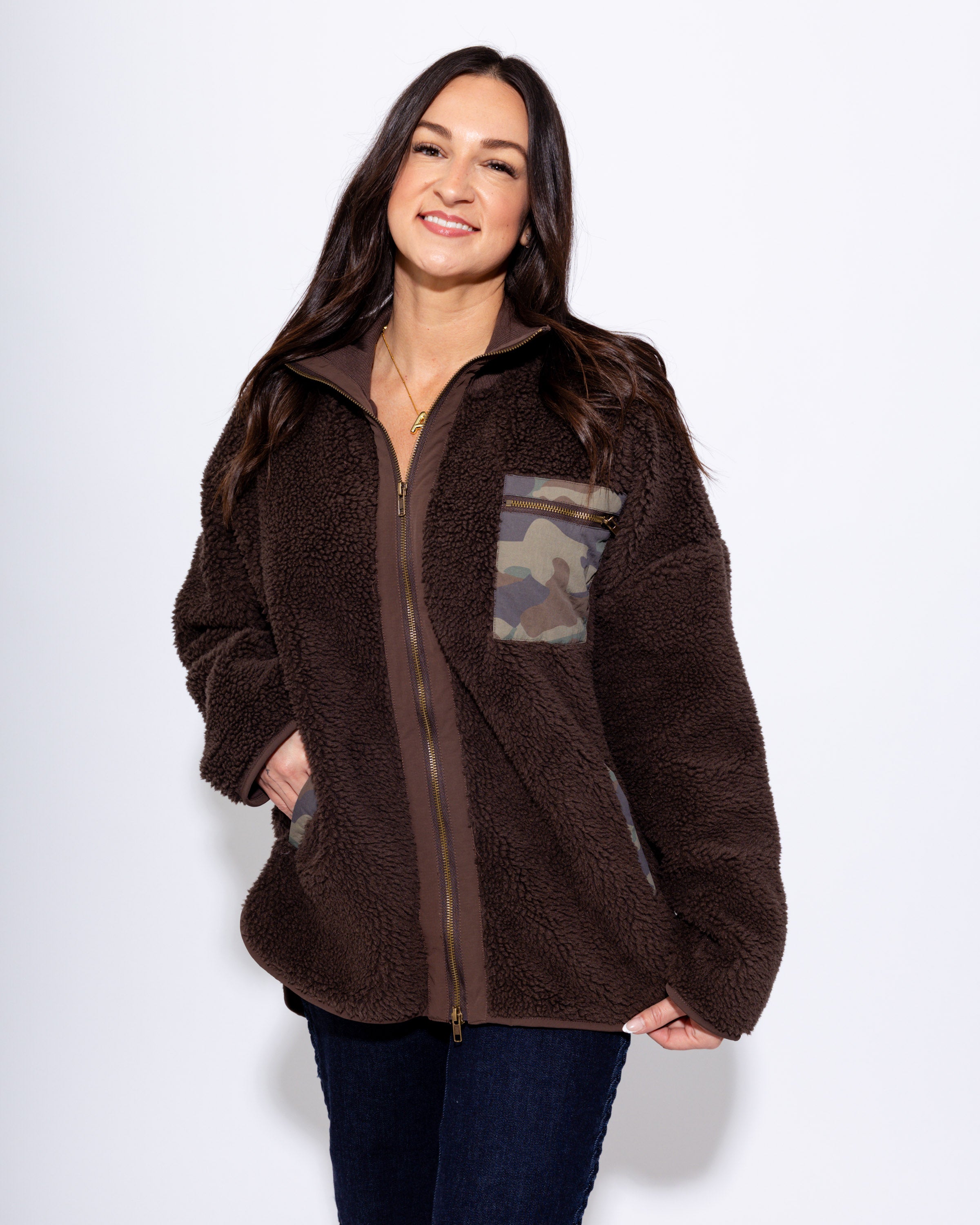 Brown Shearling Zip Front Jacket