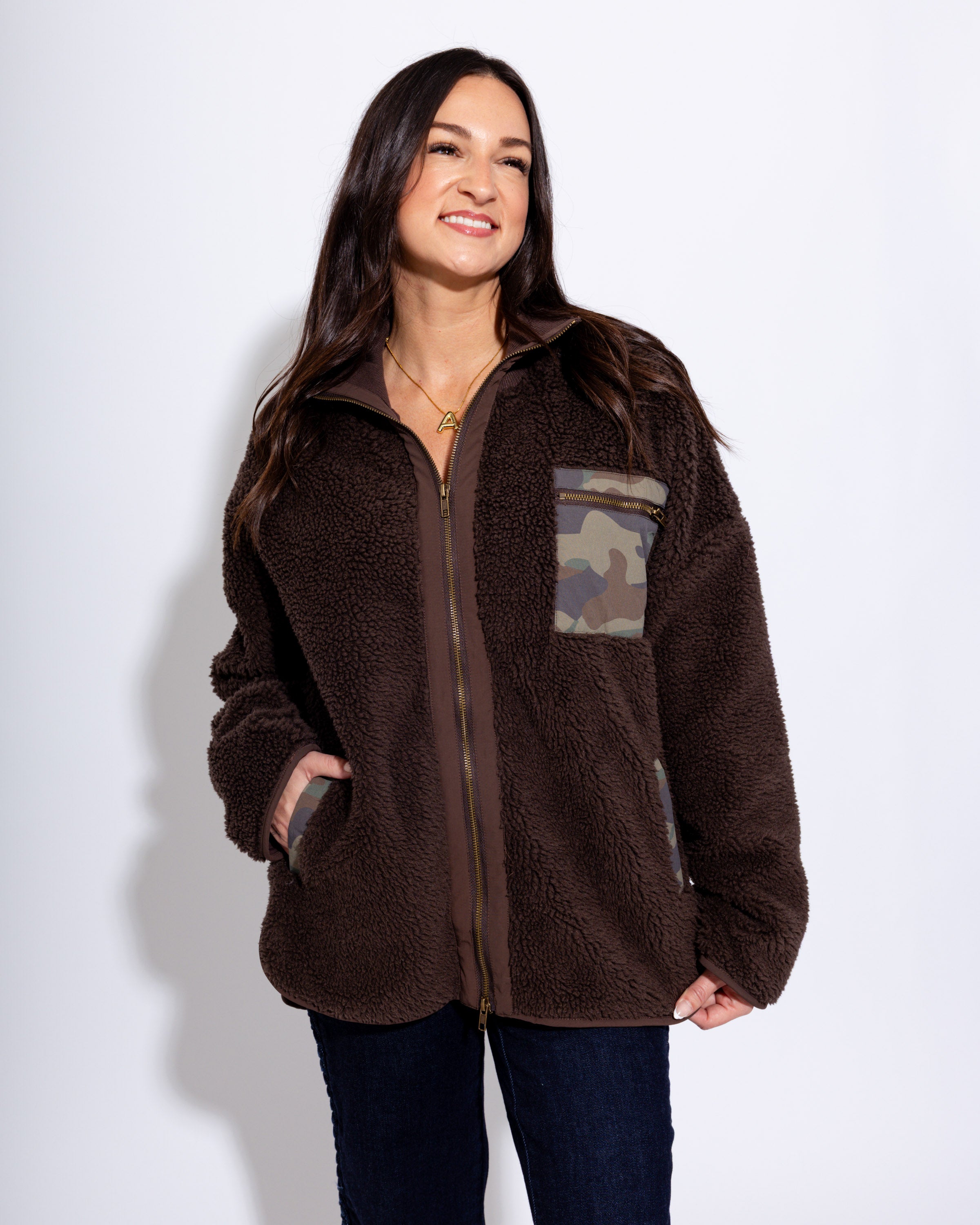 Brown Shearling Zip Front Jacket