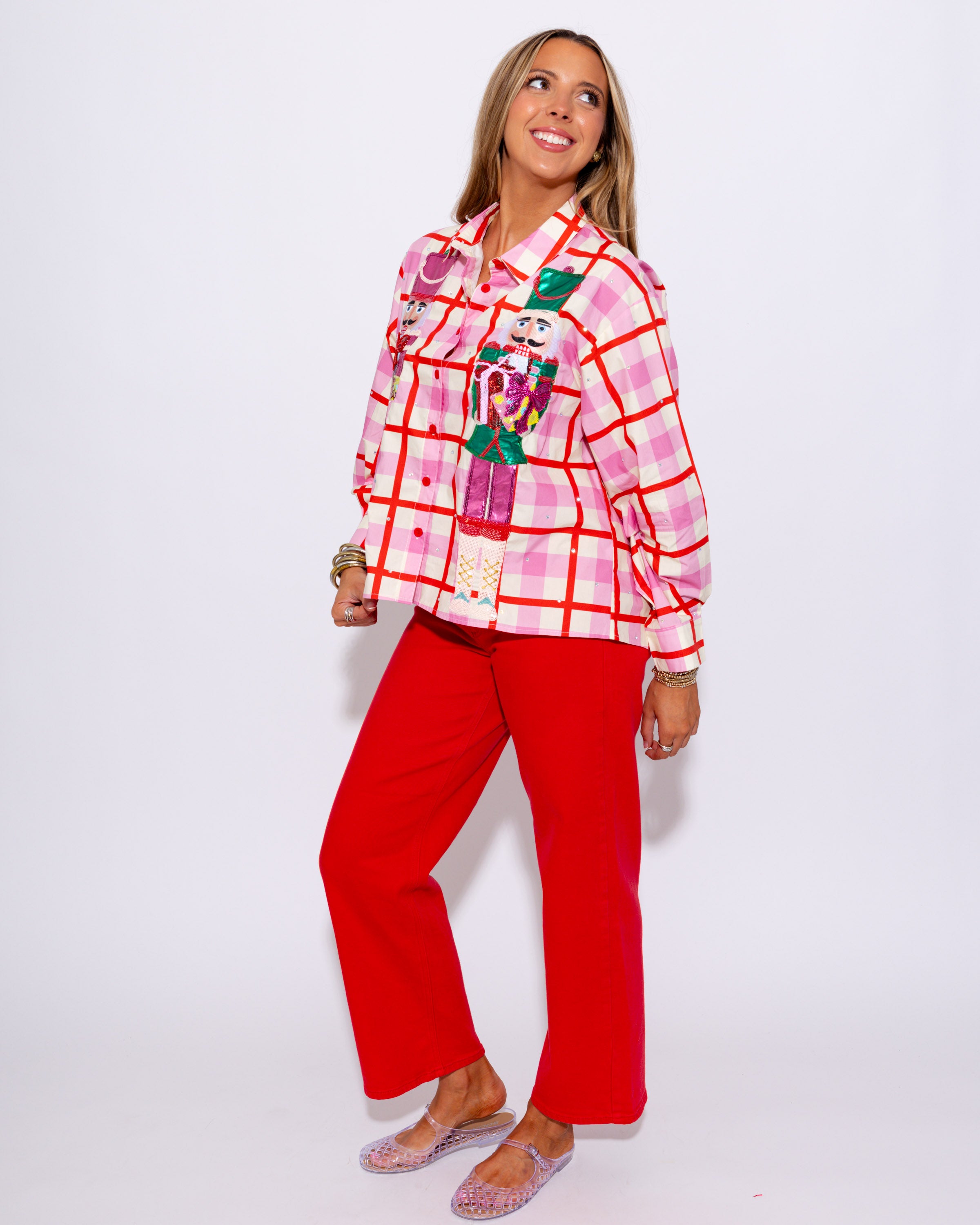 Plaid Metallic Nutcracker Cotton Button Up Top