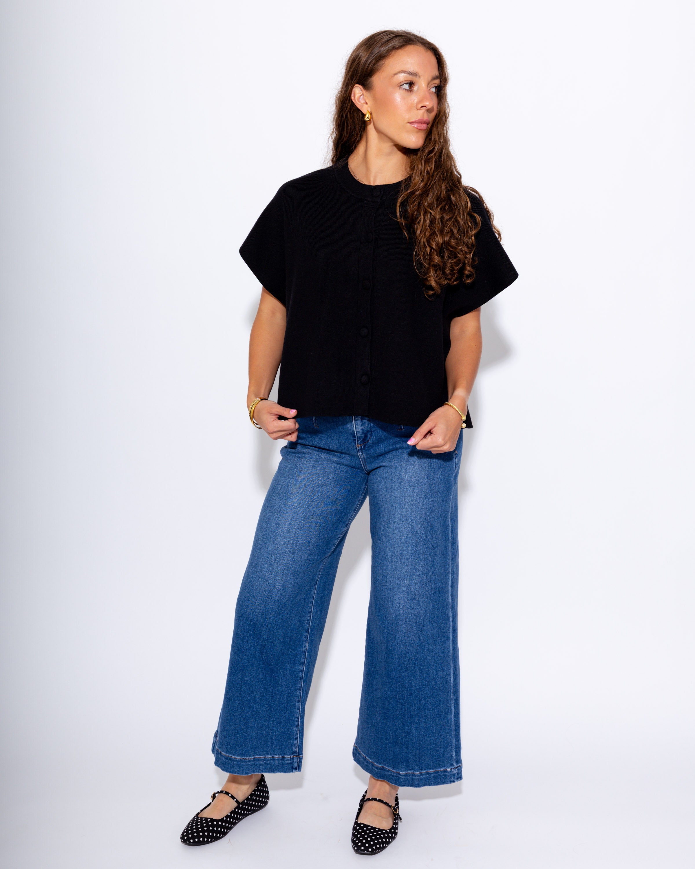 Button Up Cap Sleeve Sweater