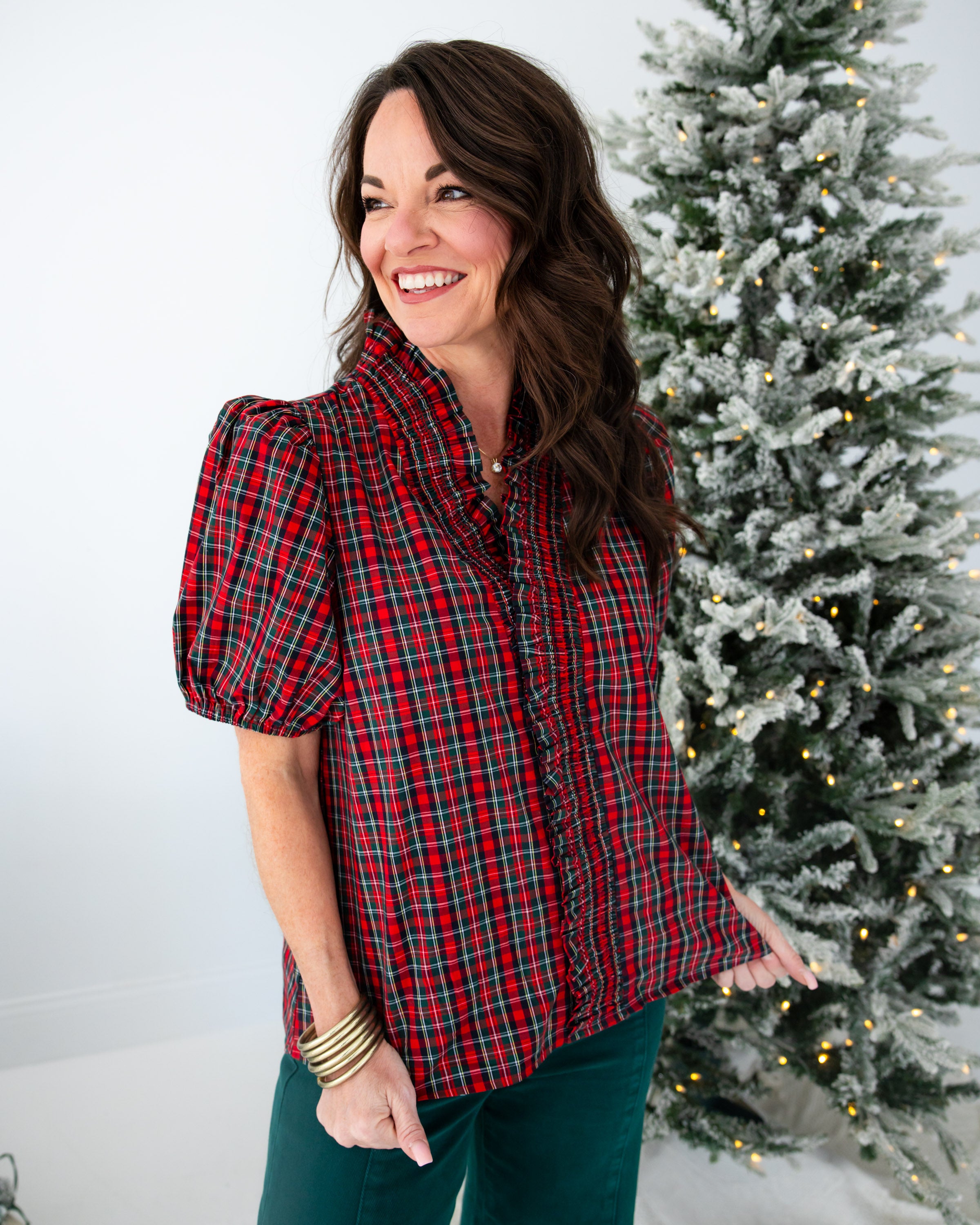 Holiday Plaid Puff Sleeve Top