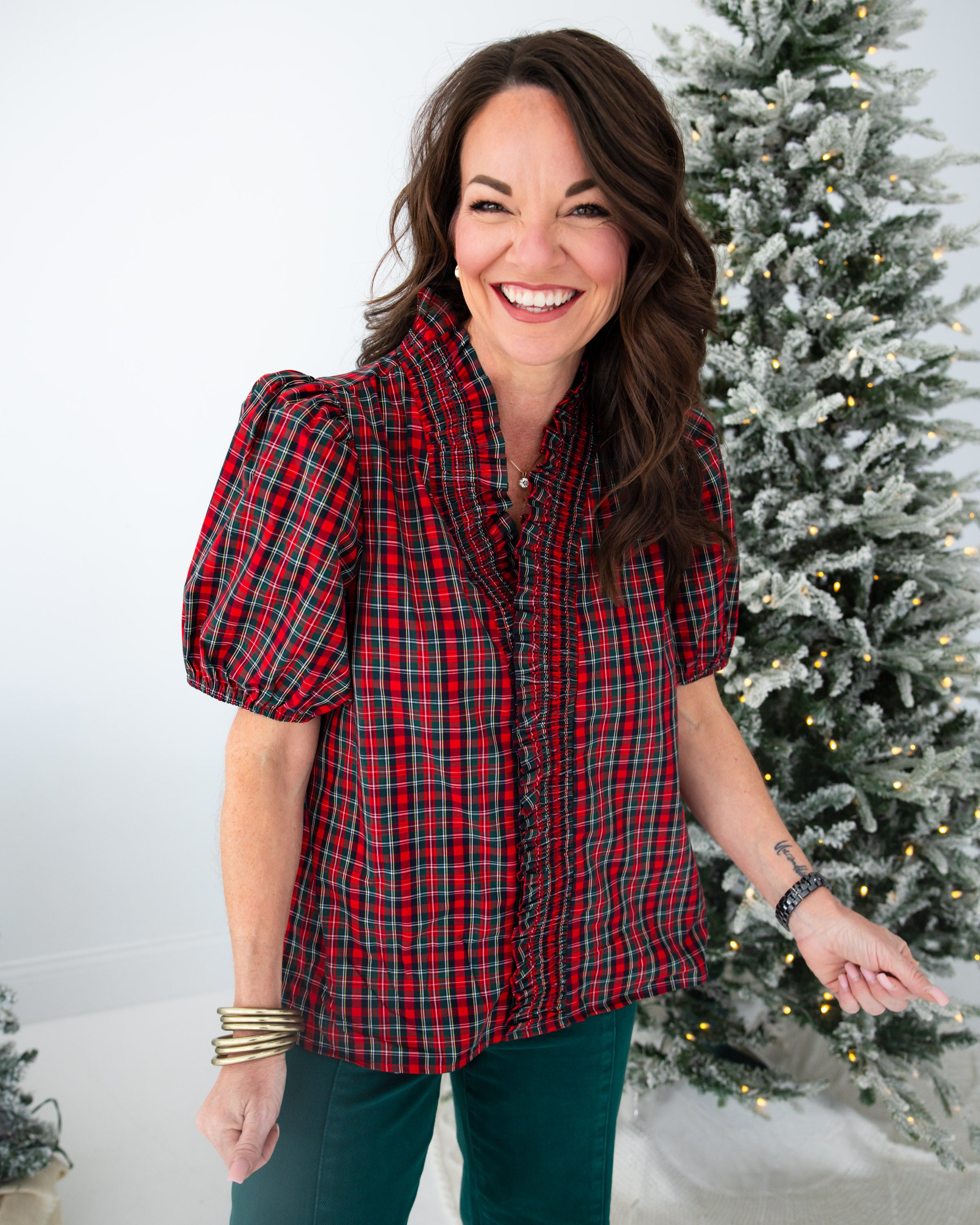 Holiday Plaid Puff Sleeve Top