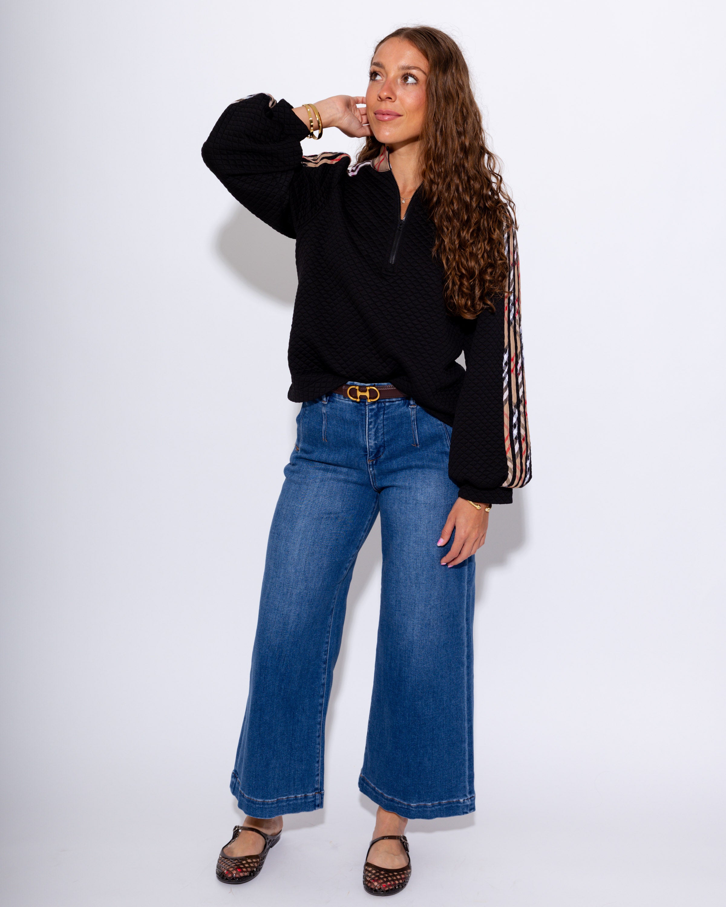 Plaid Contrast Puff Sleeve Zip Up Top
