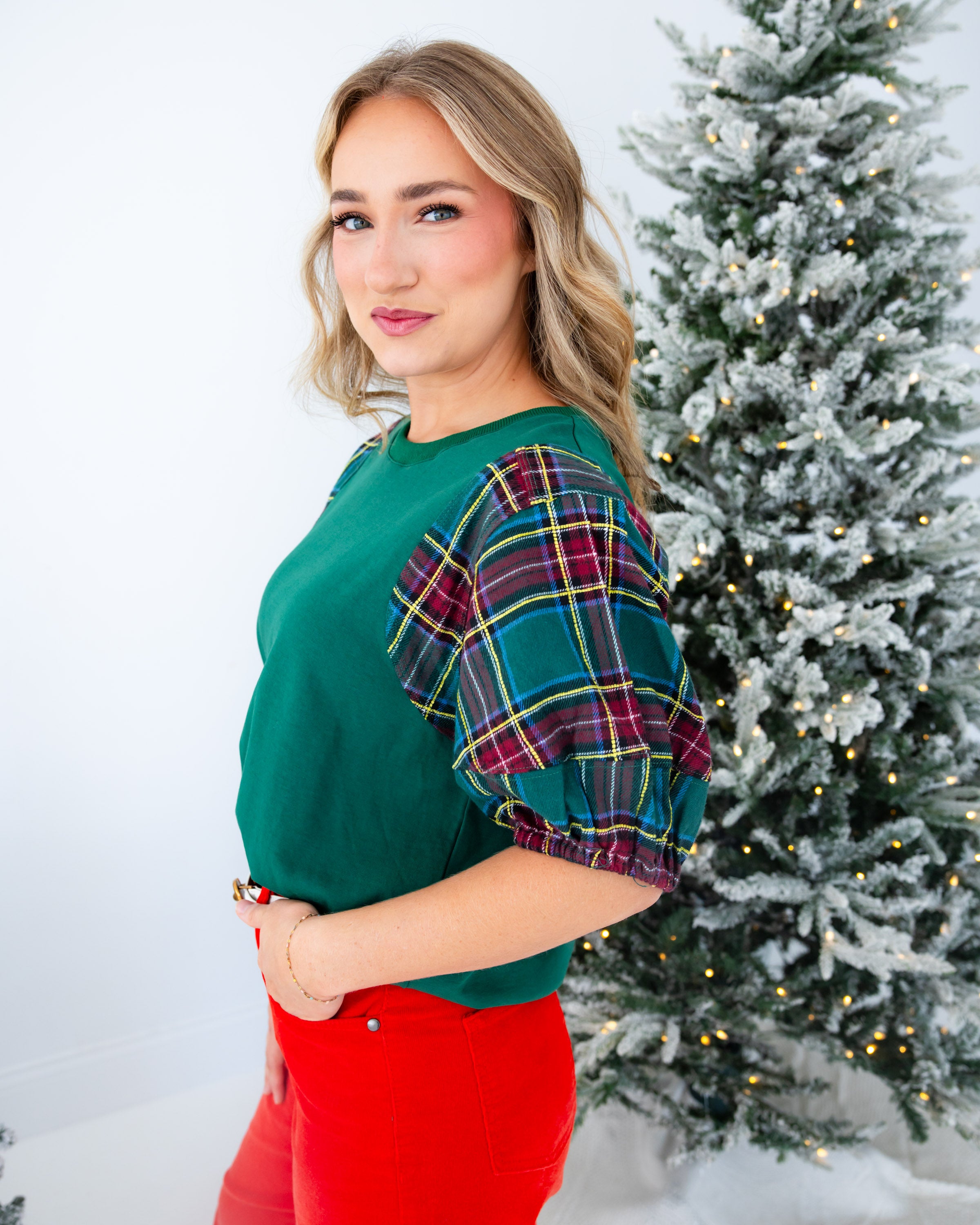 Plaid Puff Sleeve Top in Green