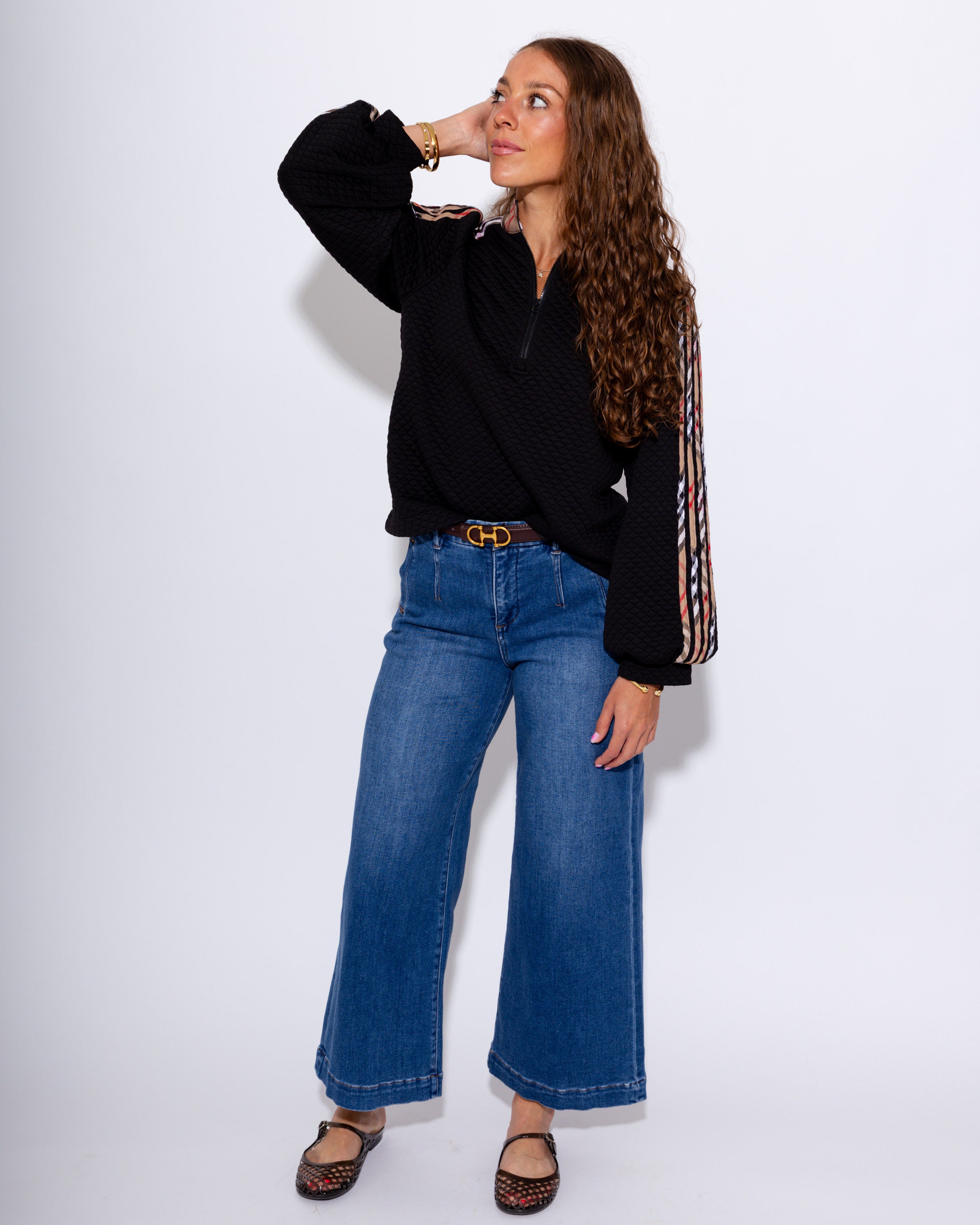 Plaid Contrast Puff Sleeve Zip Up Top
