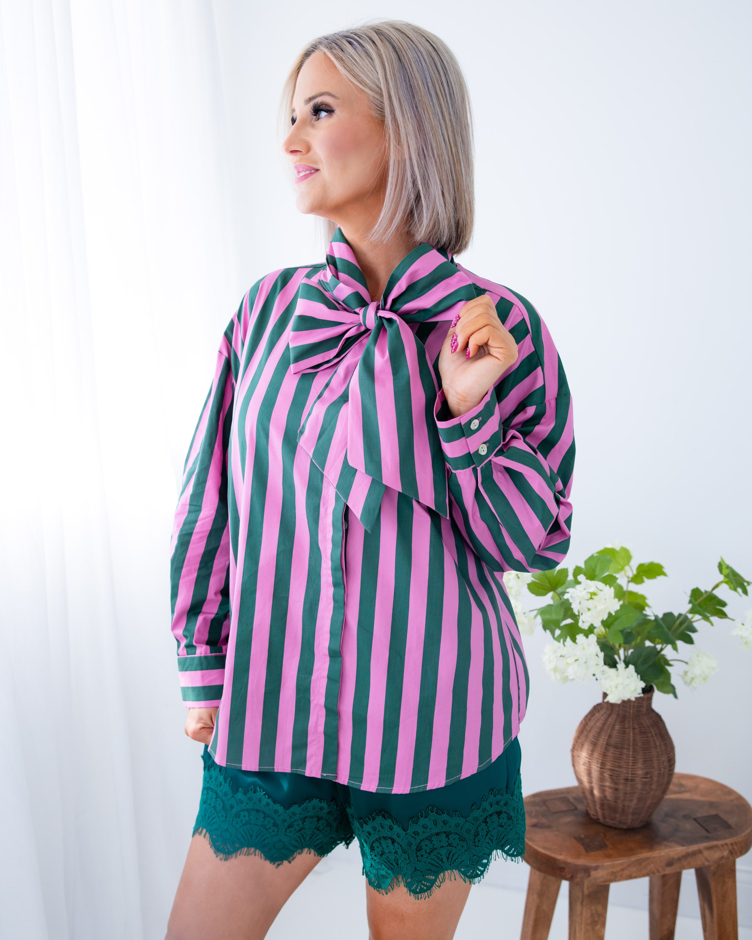 Stripe Bow Neck Tie Top
