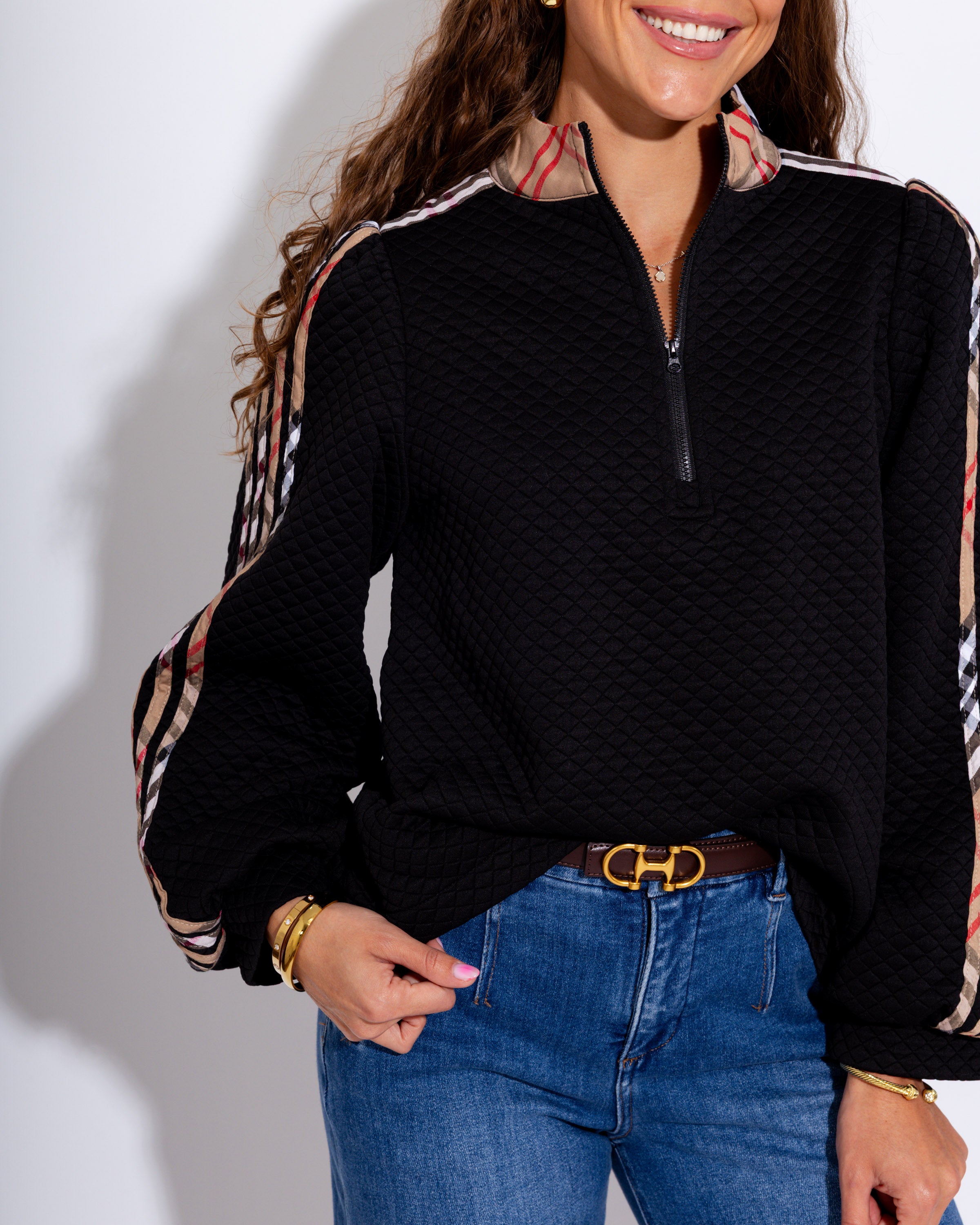 Plaid Contrast Puff Sleeve Zip Up Top