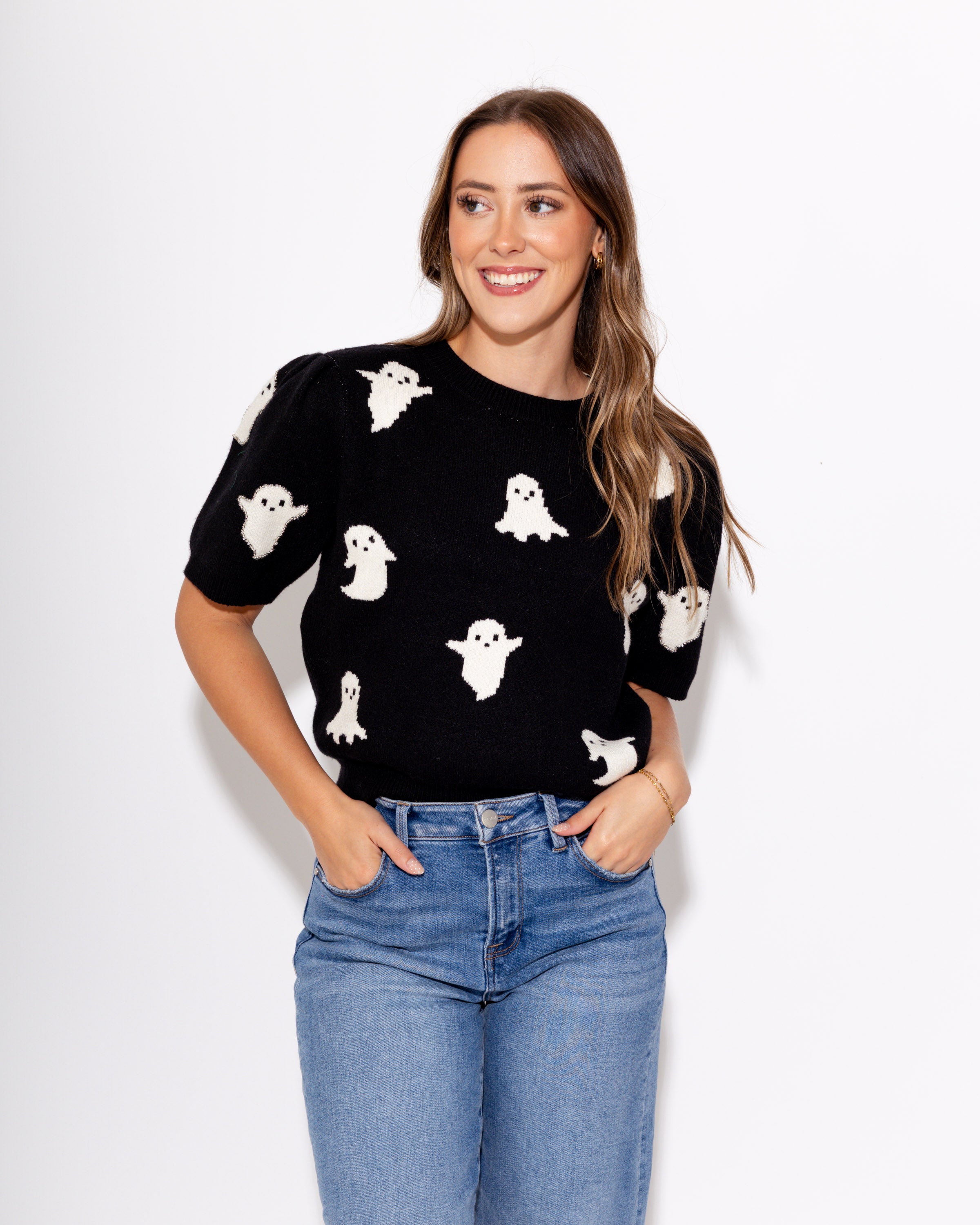 Halloween Puff Sleeve Ghost Sweater
