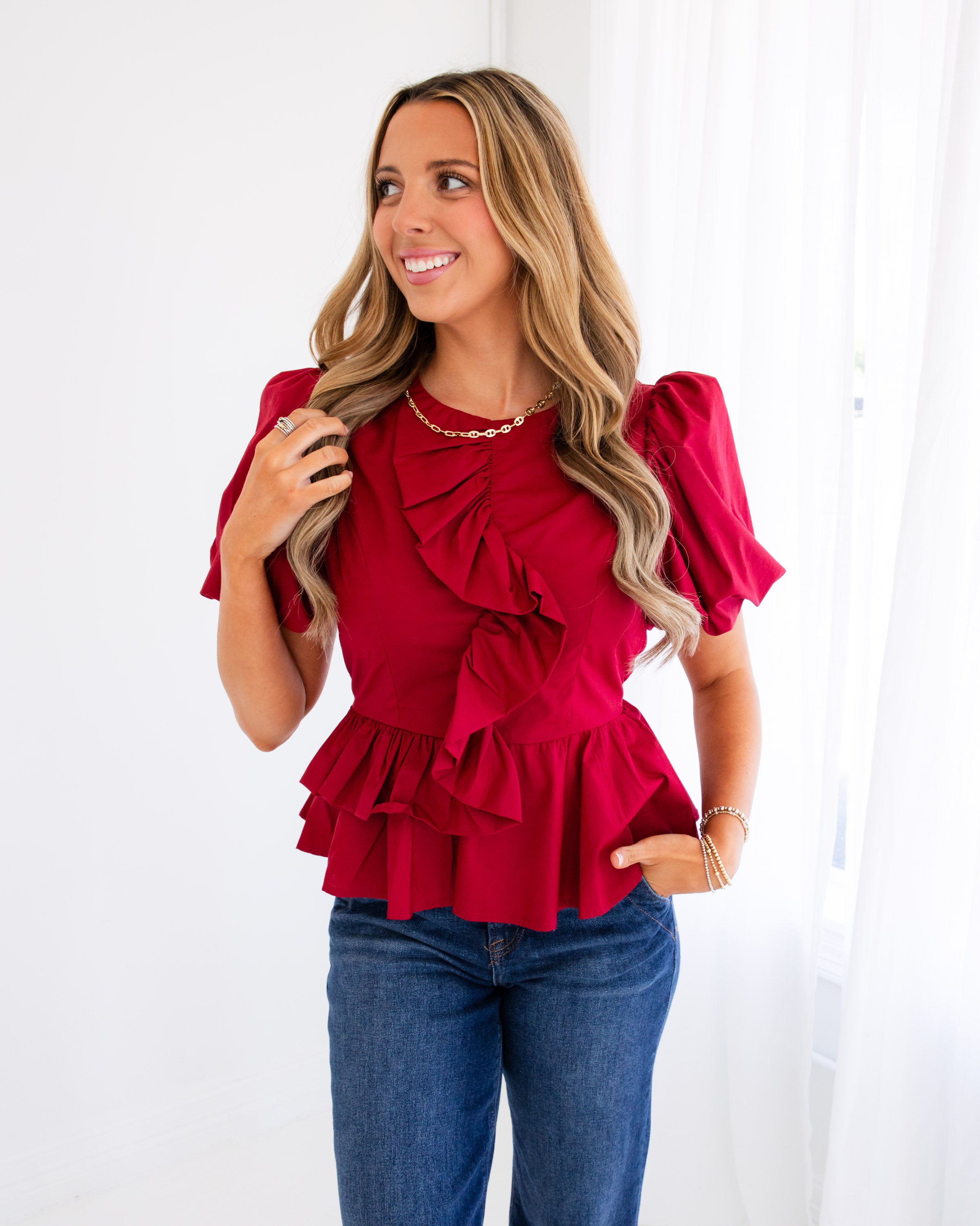 Ruffle Detail Puff Sleeve Top in Ruby