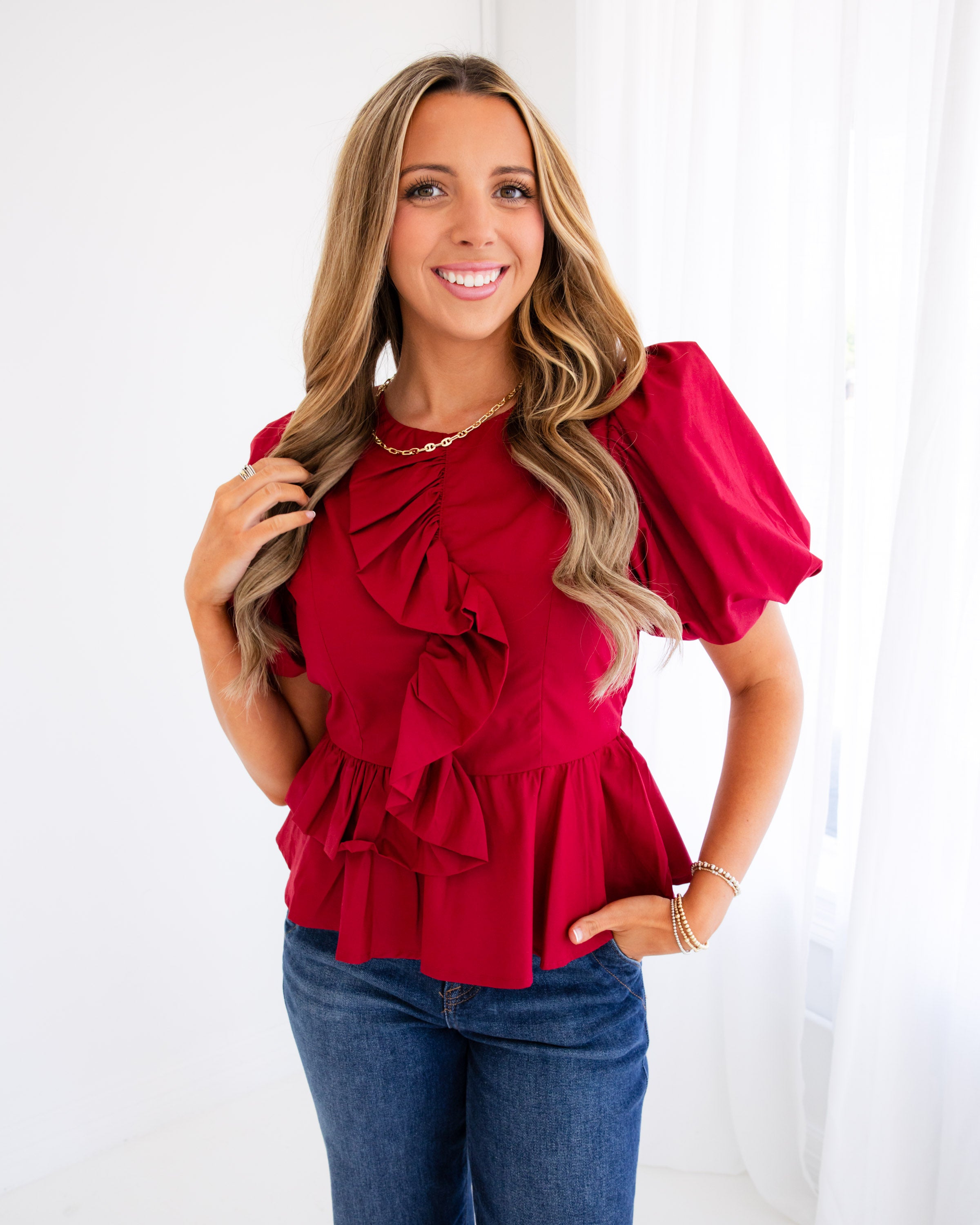 Ruffle Detail Puff Sleeve Top in Ruby
