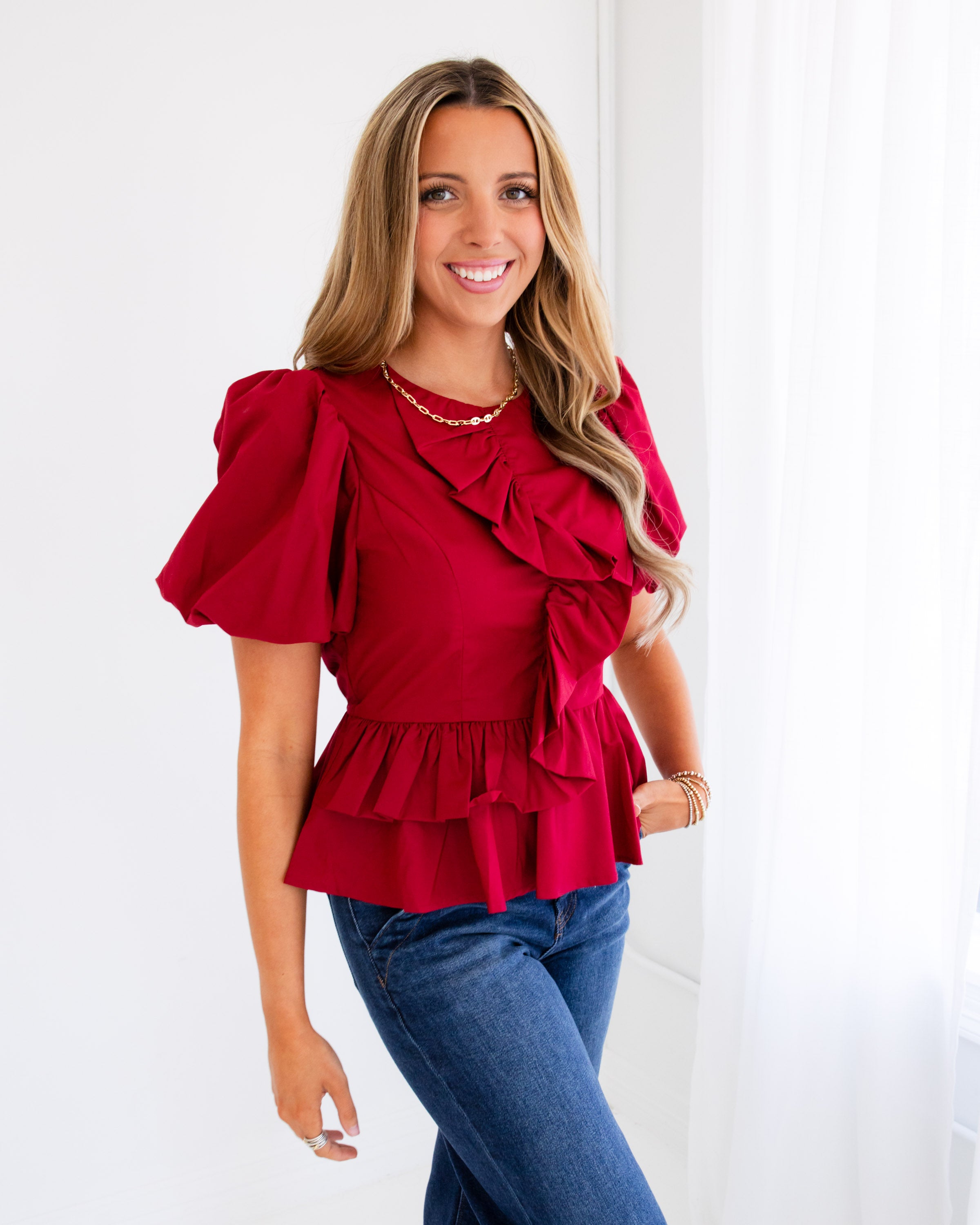 Ruffle Detail Puff Sleeve Top in Ruby