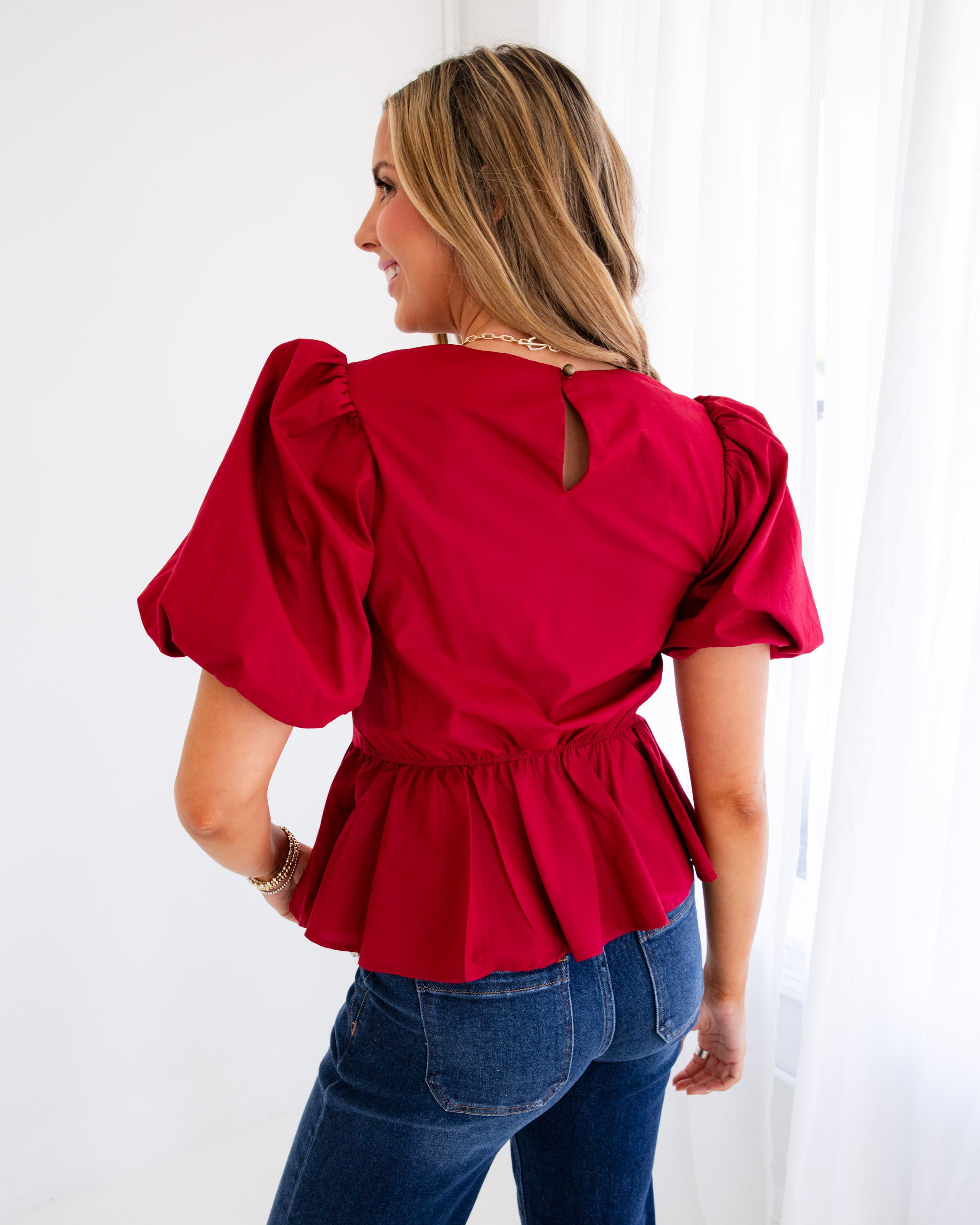 Ruffle Detail Puff Sleeve Top in Ruby