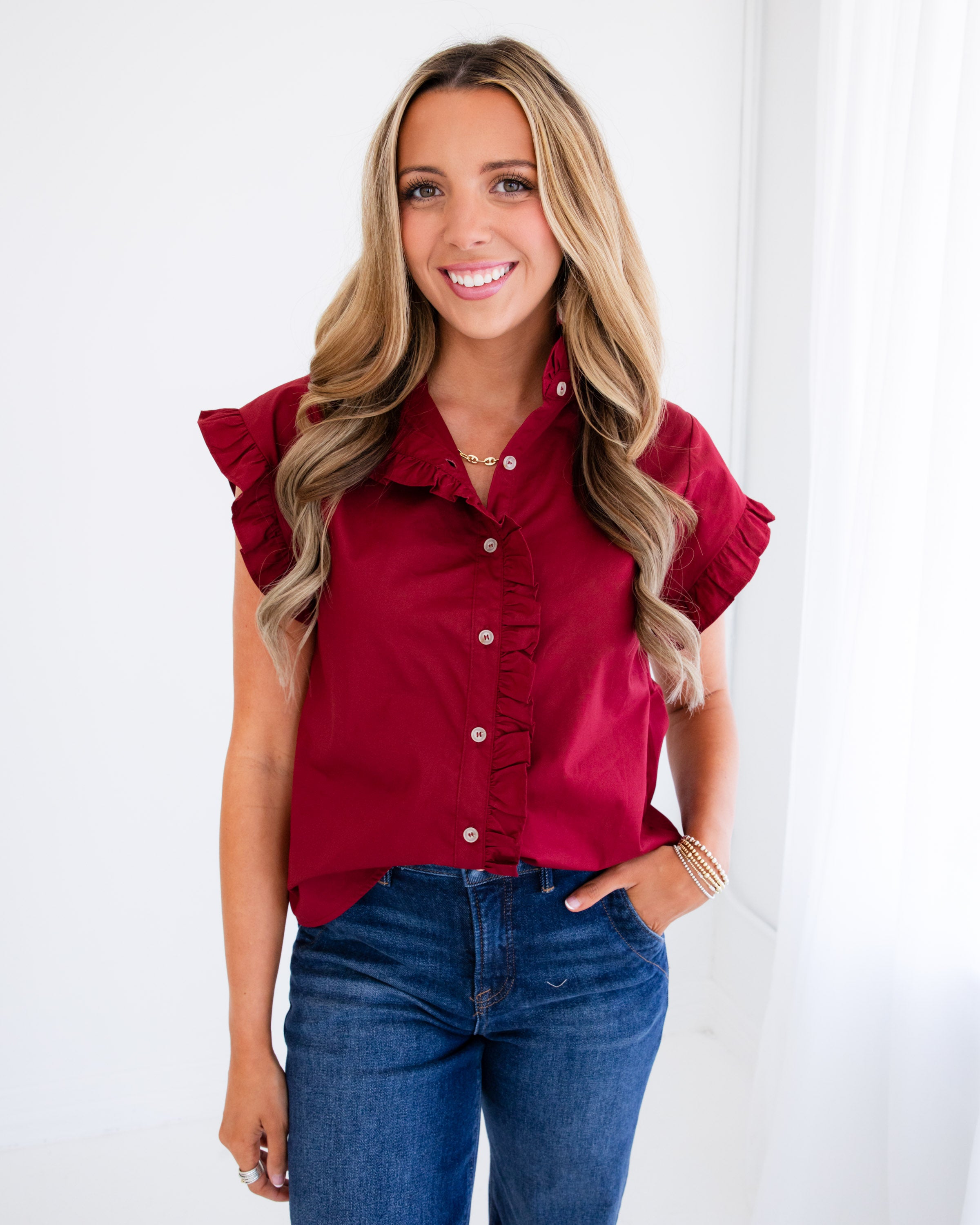 Drop Shoulder Ruffle Top in Burgundy