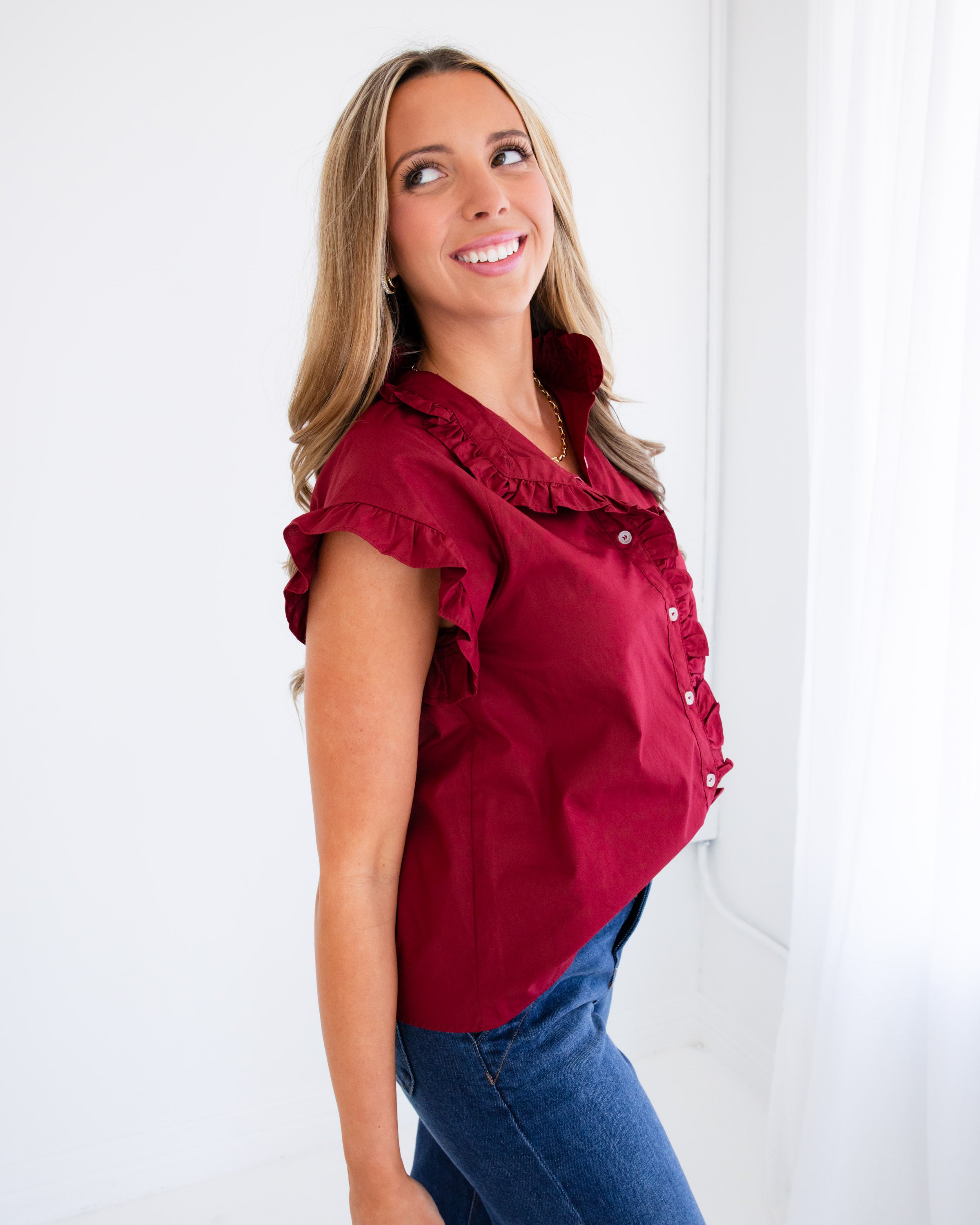 Drop Shoulder Ruffle Top in Burgundy